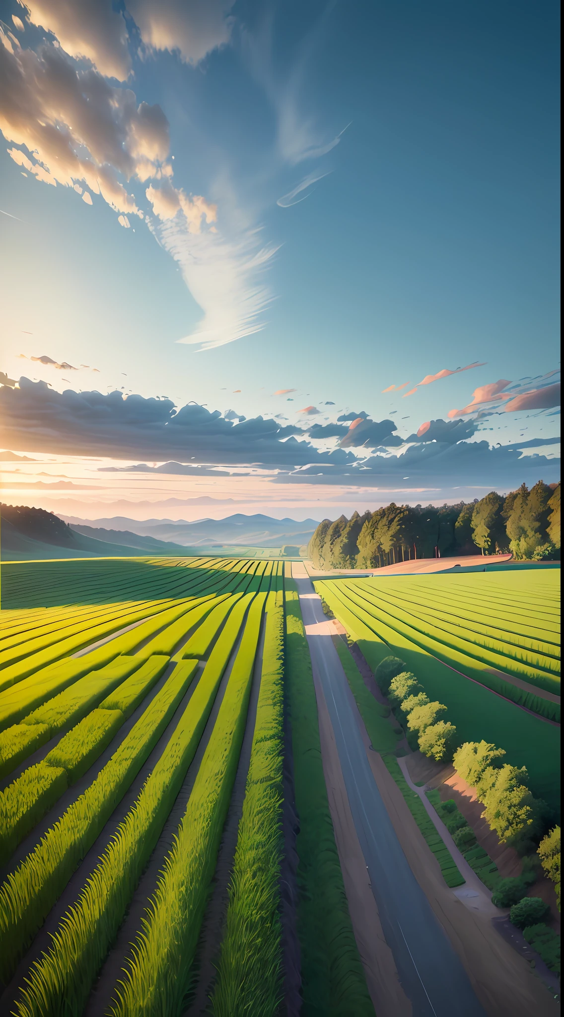 The idyllic scenery is cloudless, the wheat waves are gently swaying, the rice fields are neatly showing the beauty of planting, the verdant hillsides in the distance, the road is flying among them, the morning light is soft, enough to rival a movie blockbuster, visual surrealism, deep scene bokeh fixed focus, light and shadow tracking, perfectly integrated in this rural field. --v6
