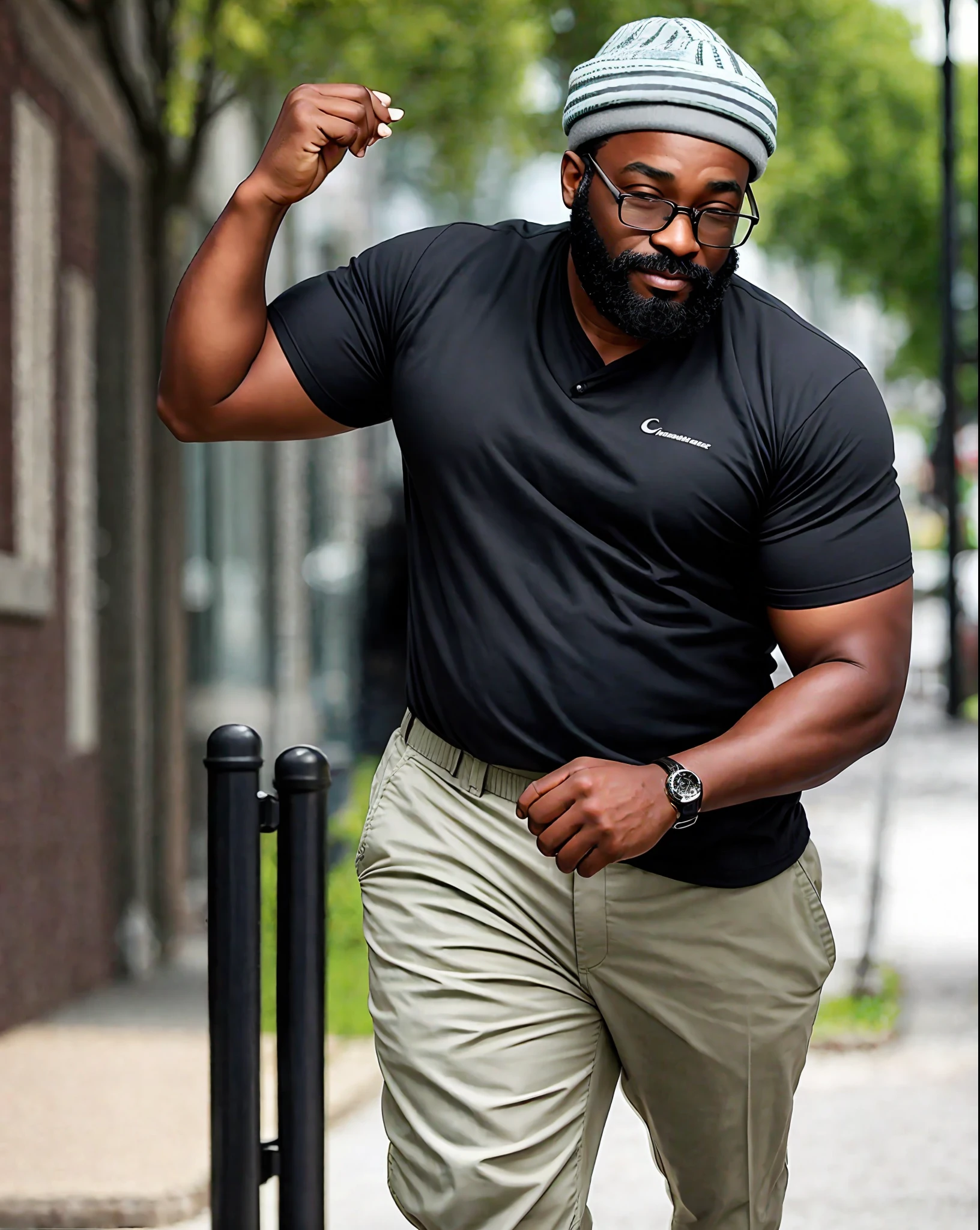 A black man, 50 years old, with a warm and welcoming appearance. He has a chubby build, with a protruding belly that denotes his love of food and perhaps a more comfortable lifestyle. Their skin is rich in dark tones and displays a smooth and healthy texture.
He sports a well-groomed beard, which contributes to his warm and friendly appearance. His beard is dense and slightly gray, showing his age and experience.
His face is complemented by a pair of prescription glasses, which he wears frequently. The glasses have a simple and traditional frame, indicating their preference for functionality over style. They add an intellectual touch to your look and highlight your need for visual correction for better vision.
His personal style is more relaxed and practical than elegant. He values comfort and practicality in his clothes, preferring large and relaxed pieces. He can be seen wearing baggy shirts and comfortable pants, always prioritizing wellness over fashion trends, masterpiece, best quality, photorrealistic, ultrarrealistic, 8k resolution, rendering octane.