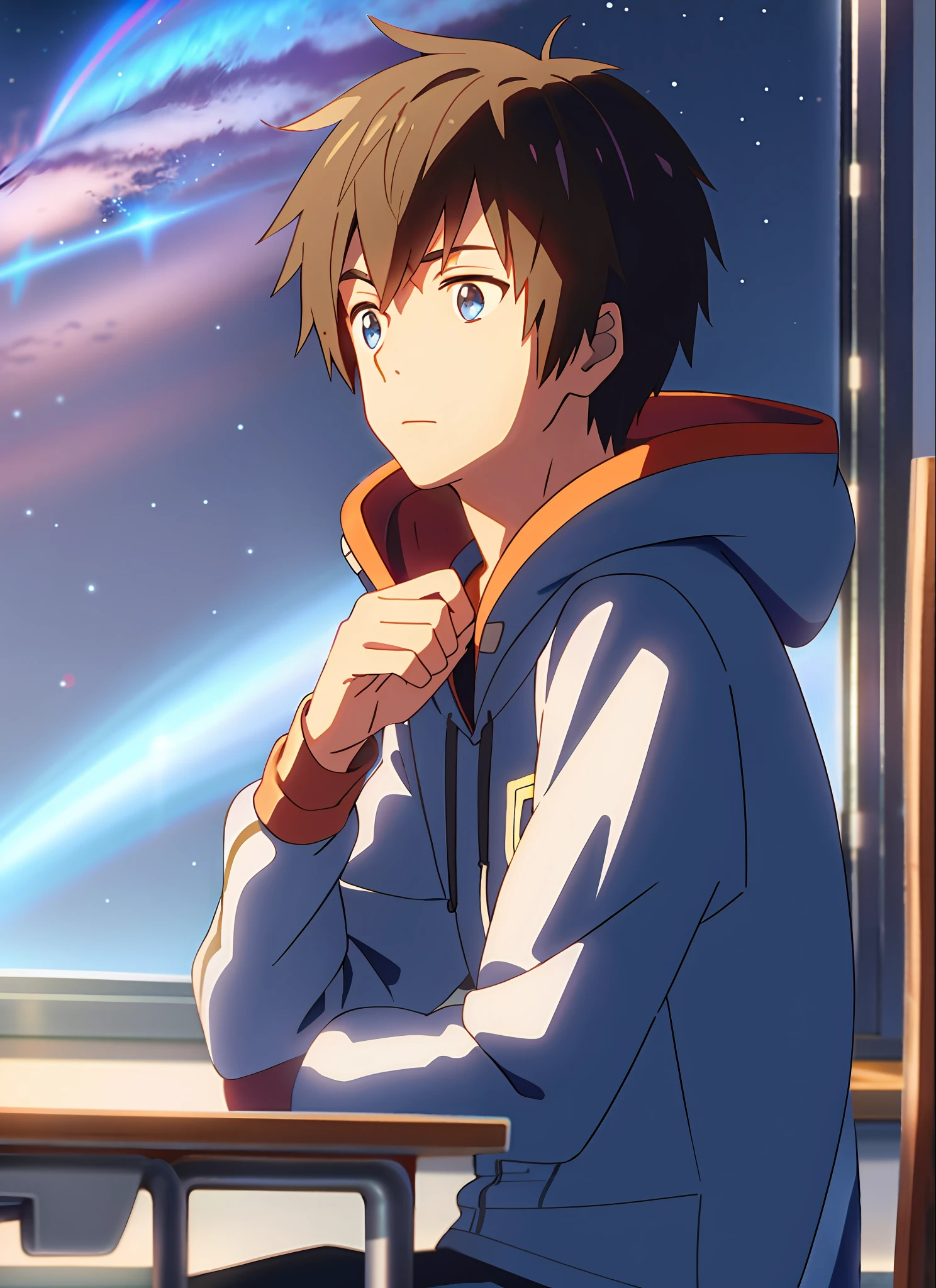 Shinkai Makoto, Kimi No na Wa., Tachibana Taki, 1boy, Blue Eyes, Brown Hair, Comet, Hood, Hoodie, Male Focus, Marker, Night, Night Sky, Love in the Classroom, Contemplation, Desk