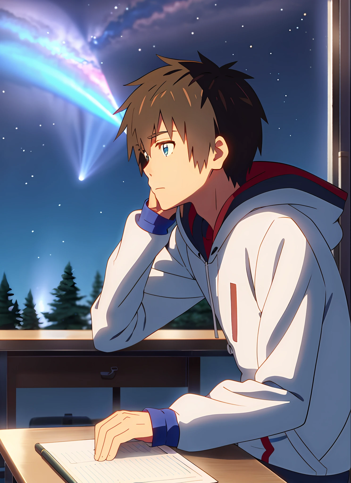Shinkai Makoto, Kimi No na Wa., Tachibana Taki, 1boy, Blue Eyes, Brown Hair, Comet, Hood, Hoodie, Male Focus, Marker, Night, Night Sky, Love in the Classroom, Contemplation, Desk
