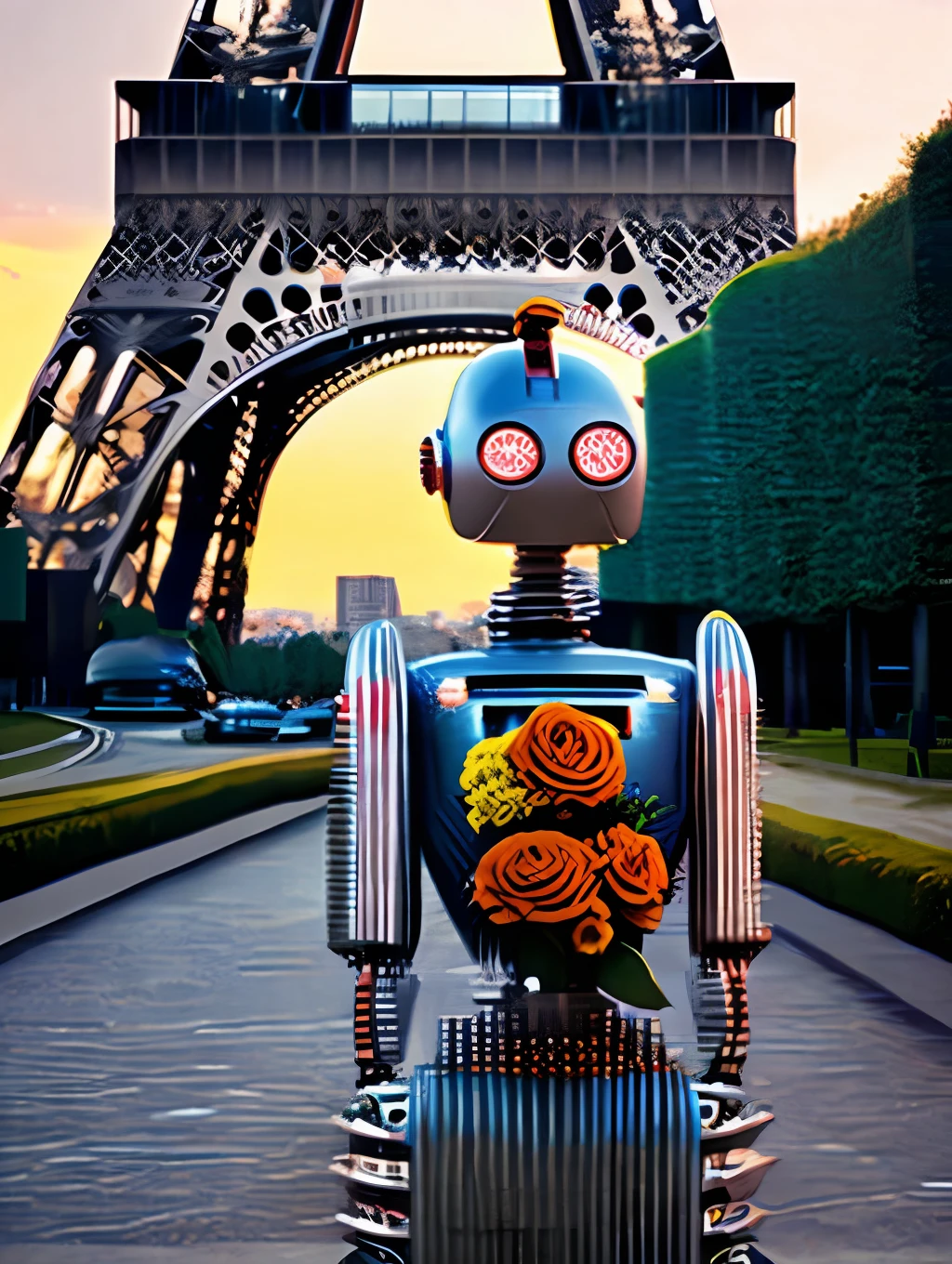 An insanely detailed photorealistic digital art piece portrait of a retro humanoid robot holding a bouquet of flowers in front of the Eiffel Tower, photography, realistic, cinematic lighting, sunset, romantic, melancholy, looking at the camera, ultrarealistic.
