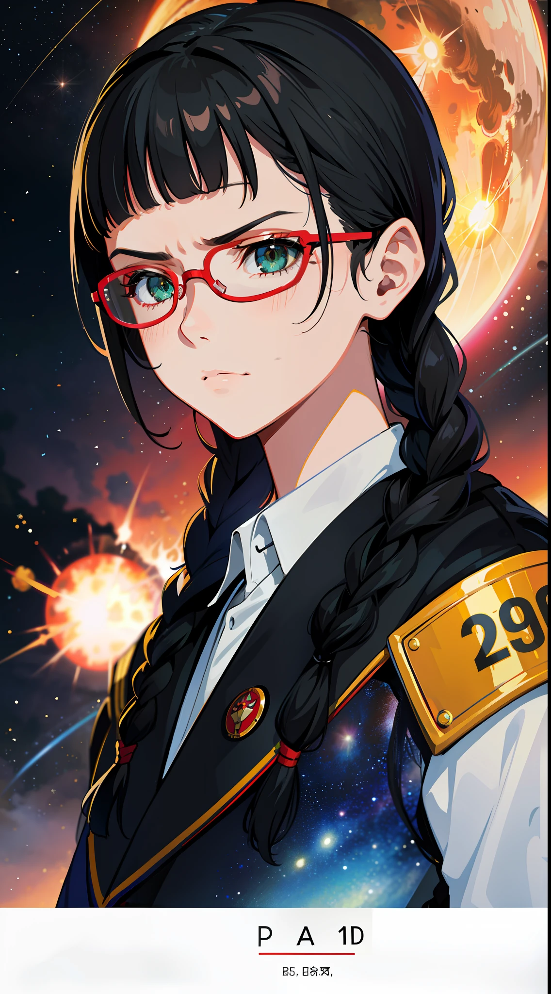 Movie Poster,((Braid Hairstyle : 1.5)),Anime Reference 86 ,Science Fiction,Sci-Fi,Movies,War Action Movies,Space,Atmosphere,Sky,Battleship,Multiple Characters,Women,Adults,Green Eyes,Black Hair,(Pia bangs hairstyle) : 1.8 ),(Red Glasses),General Uniform,White Commander Uniform,Serious Face Frowning,Realistic Face Detail,Realism,3D Face,