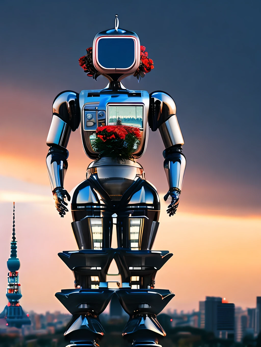 An insanely detailed photorealistic digital art piece portrait of a retro cyborg robot holding a bouquet of flowers in front of the Tokyo Tower, photography, realistic, cinematic lighting, sunset, romantic, melancholy, looking at the camera, ultrarealistic.