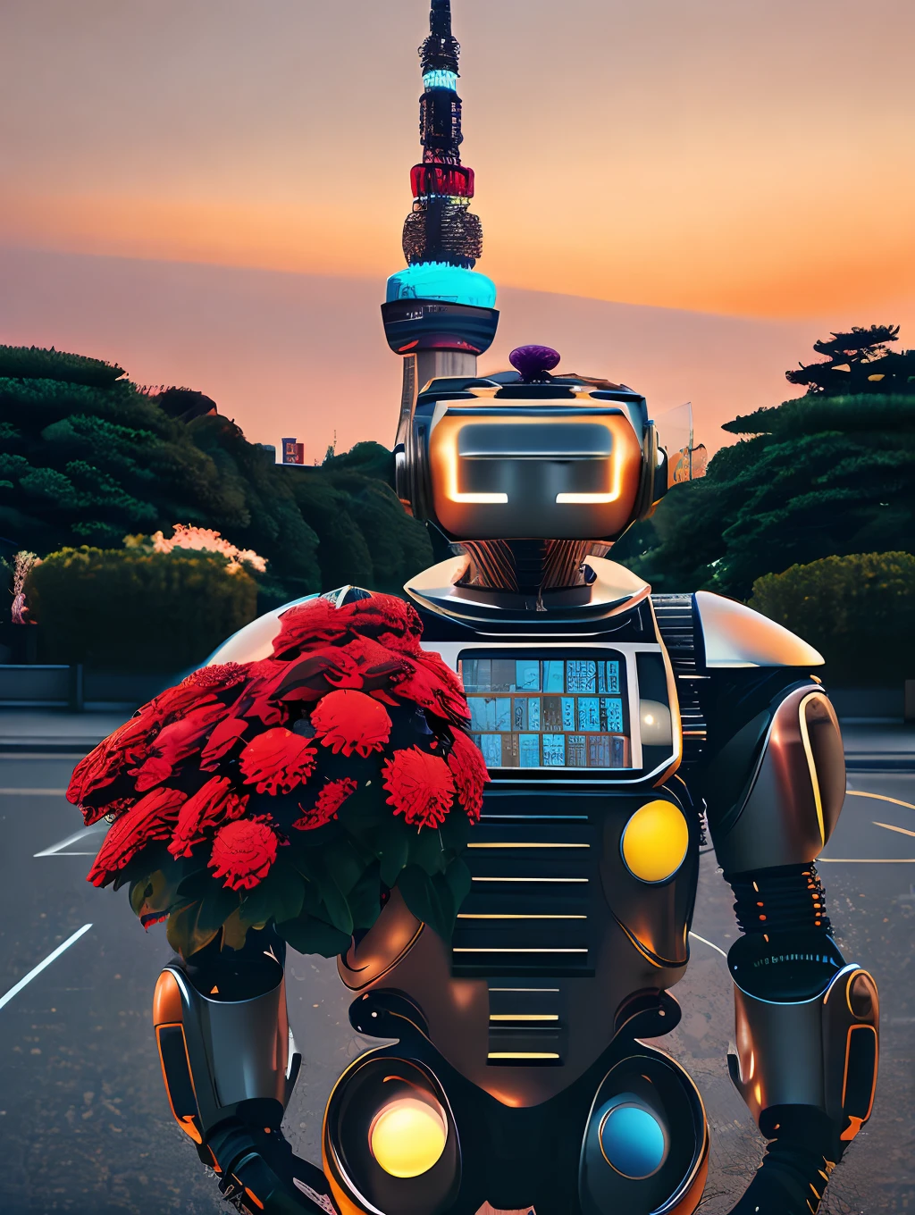 An insanely detailed photorealistic digital art piece portrait of a retro cyborg robot holding a bouquet of flowers in front of the Tokyo Tower, photography, realistic, cinematic lighting, sunset, romantic, melancholy, looking at the camera, ultrarealistic.