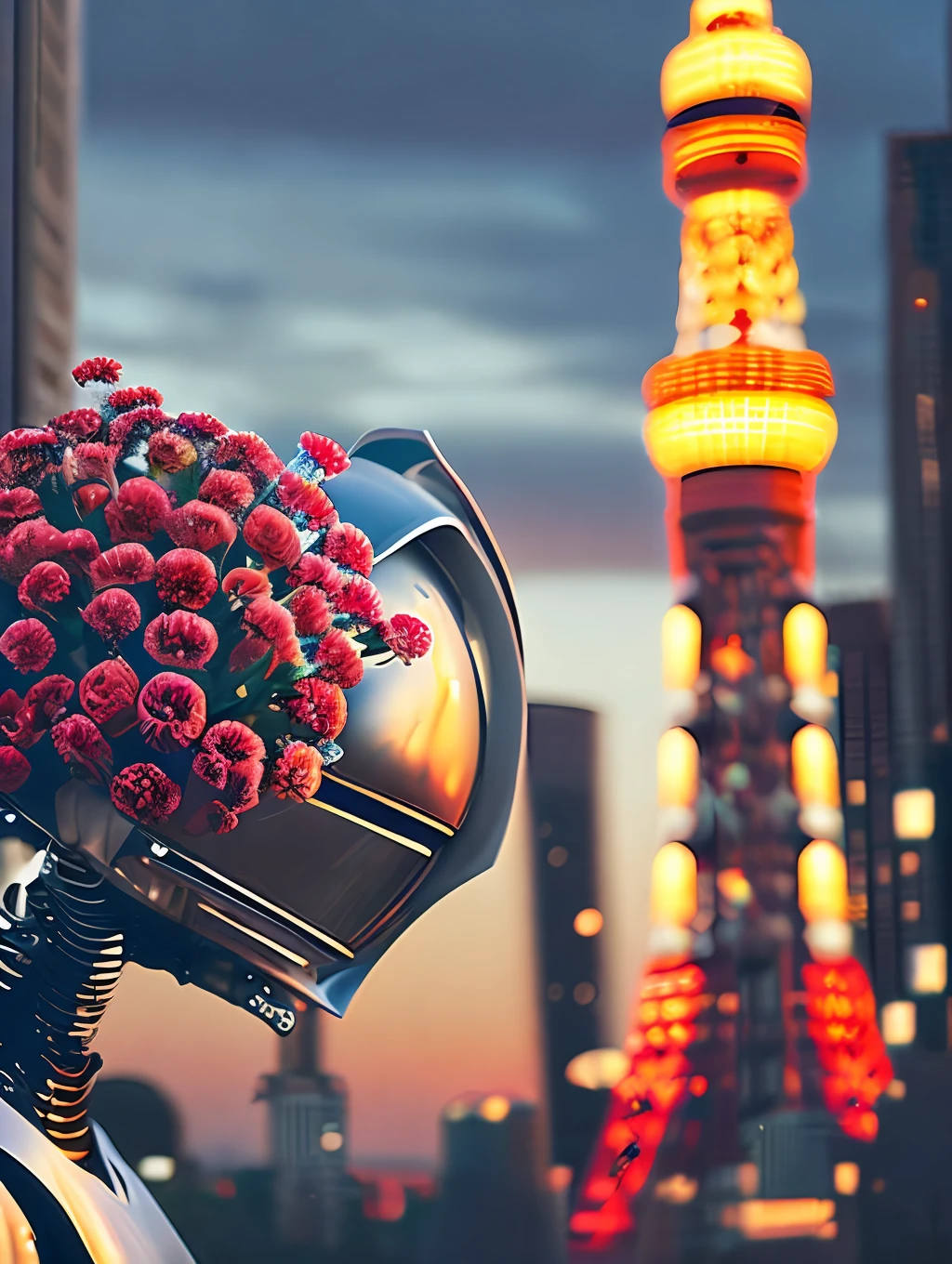 An insanely detailed photorealistic digital art piece portrait of a retro cyborg robot holding a bouquet of flowers in front of the Tokyo Tower, photography, realistic, cinematic lighting, sunset, romantic, melancholy, looking at the camera, ultrarealistic.