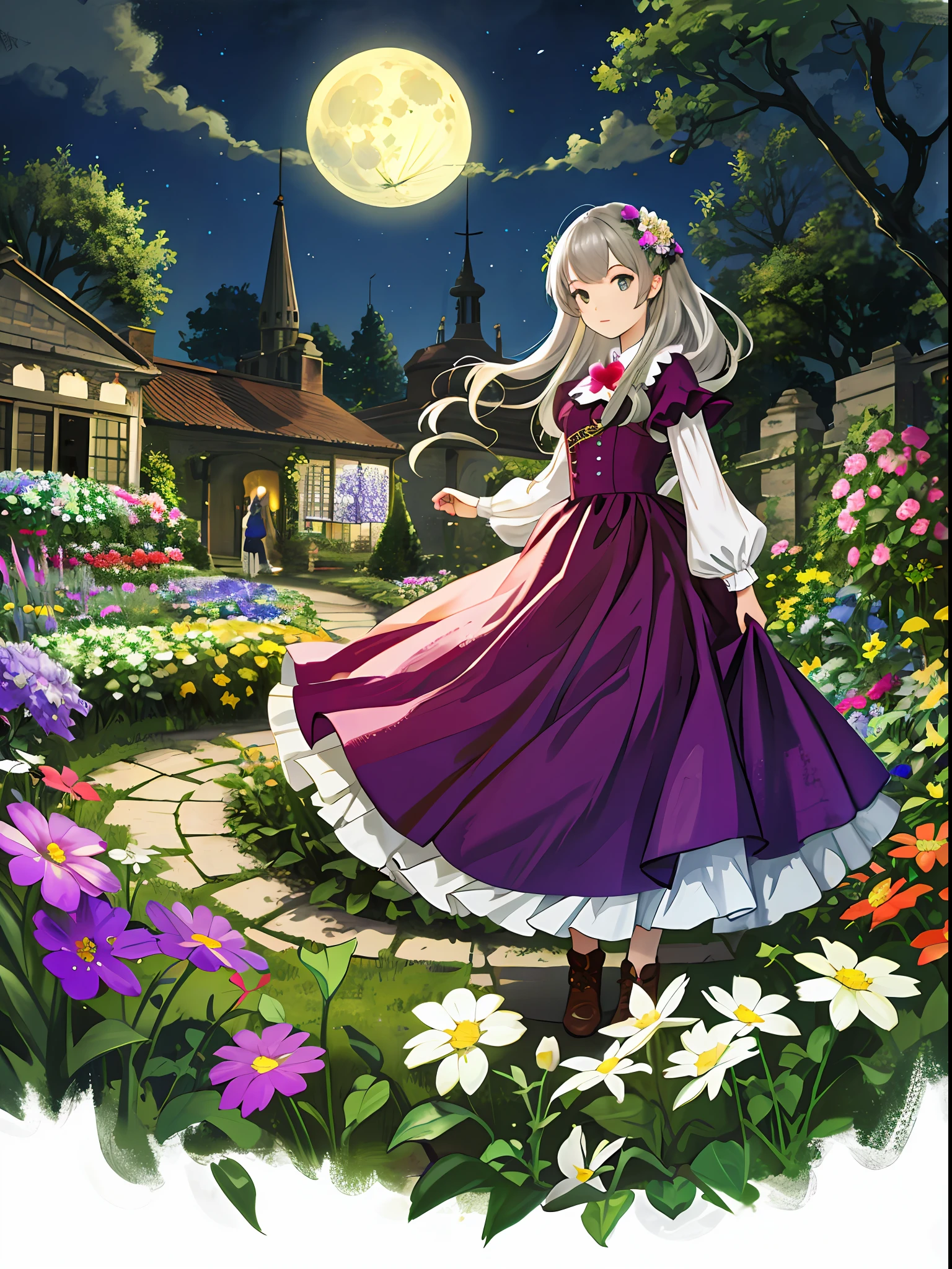 best quality, high_resolution, distinct_image, detailed background ,girl, flower,garden,moon,