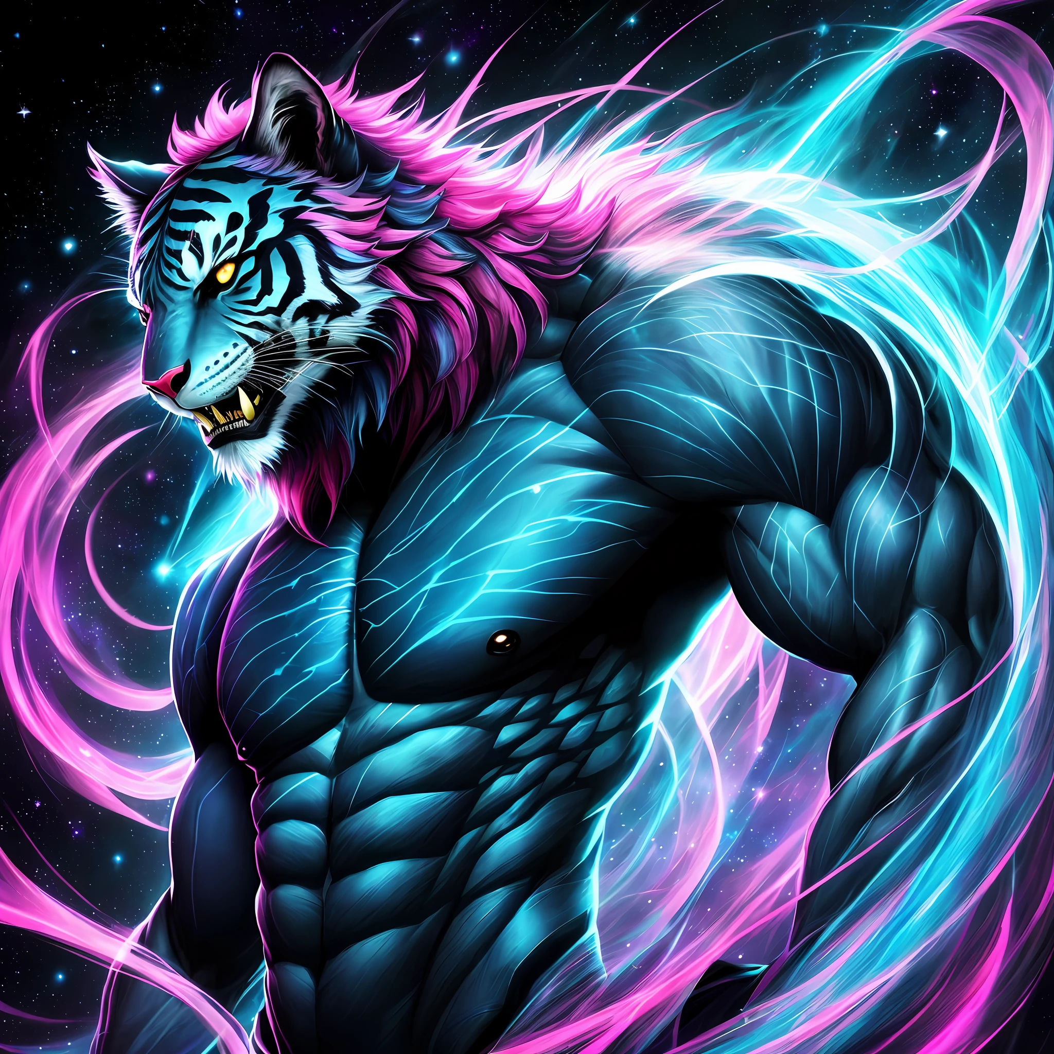 knollingcase, a solo full body were-tiger/man[buff, muscular, (pink and teal striped)], (((vibrant, photo realistic, realistic, dramatic, sharp focus, 8k))). In the vibrant glow of the cosmos, a young furry with an ethereal and devilish demeanor emerges, his features bathed in the lunar glow. His fur, pink and teal striped, reflecting like a mirror, the starlit night. Within his captivating gaze, galaxies swirl, vibrant hues of cosmic dust and celestial wonders painting a mesmerizing tapestry in shades of blue. Adorning his maw, ferociously caging, are a pair of sabertooth fangs, a sharp addition that adds a feral touch to his captivating gaze. His presence evokes a sense of pride, drawing the viewer into a realm where darkness and beauty intertwine. As his presence commands attention, the enigmatic allure of this captivating figure captivates the imagination, inviting contemplation of the hidden depths that lie beneath his captivating gaze.