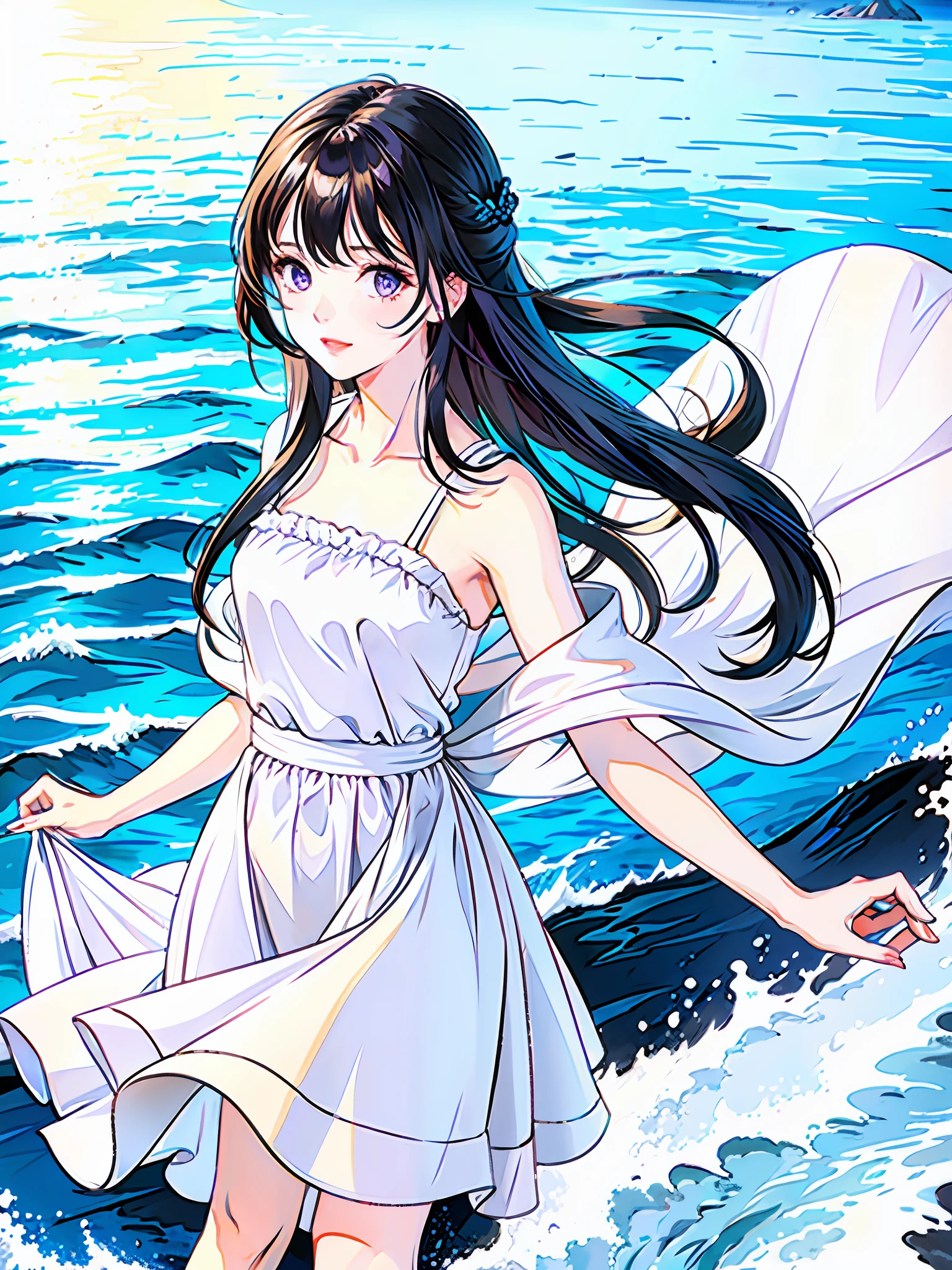 1girl, high resolution, high quality, masterpiece, mxmk_whitedress, purple eyes, white dress, beach, long hair, sea