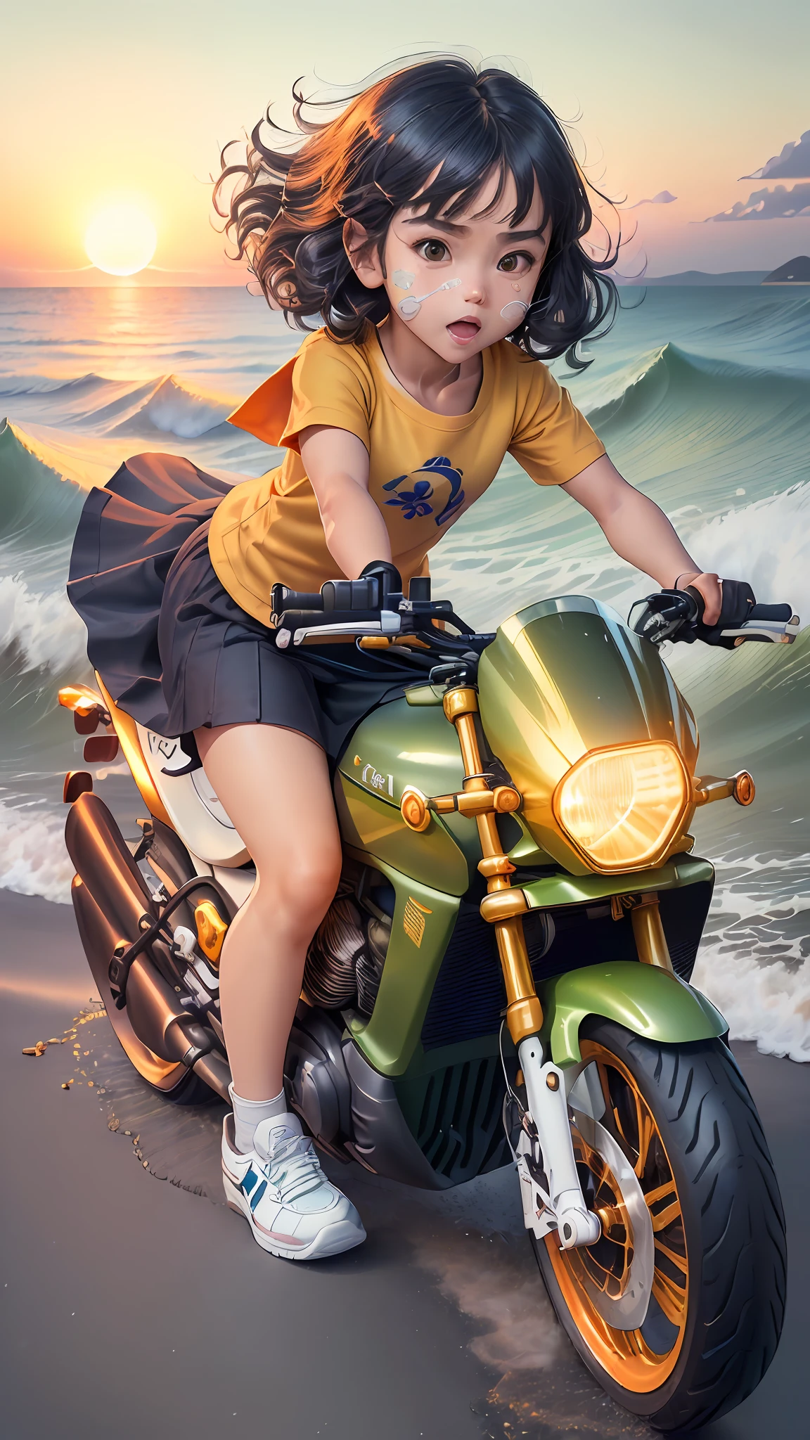 ((3D, Best Quality: 1.3)), Ultra Detailed, SK, ((((Solo))), Full Body, (5-year-old baby close-up ((Korean Futurism)): 1; 15), dressed casually, current fashion, short black T-shirt, ((((white shoes))), (short Kanekalon hair; 1.15), (well-contoured symmetrical face, expression of surprise: 1.12), riding a green motorcycle, (((detailed and clear facial expression)), golden waves, bright orange AOL sunset through the waves, autumn, plants in the wind, warm and soft dark light, blurred movement, magnificent blue sky,