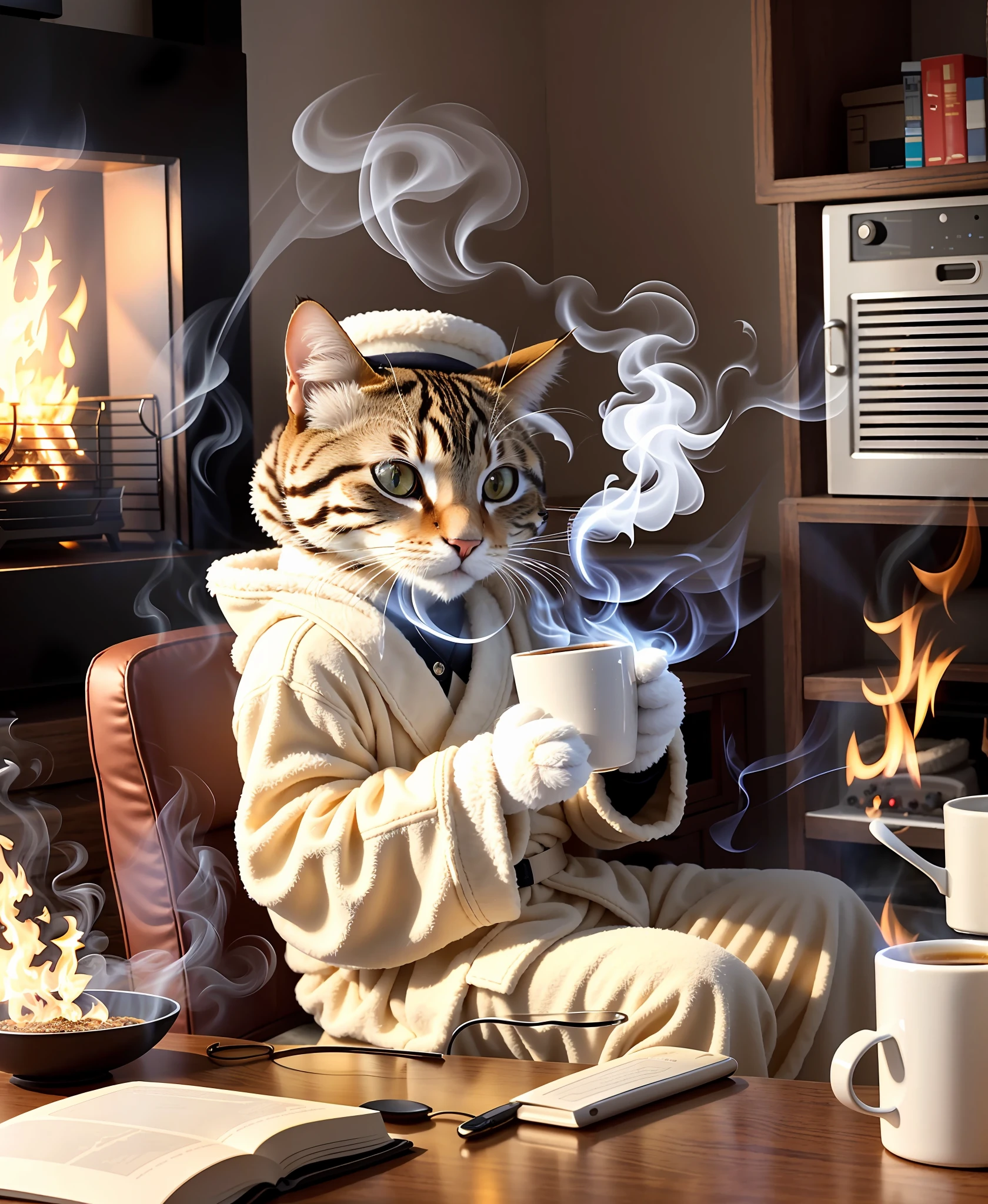 (Best quality: 1.23), (Masterpiece: 1.12), (Reality: 1.24), (Anthropomorphic cat: 1.5) holding a coffee cup, sitting in a robe, eating breakfast, holding a coffee cup, hat, granules, volumetric lighting, room burning, floor and chair on fire, a lot of gadgets and equipment on fire, smoke, warm scene,