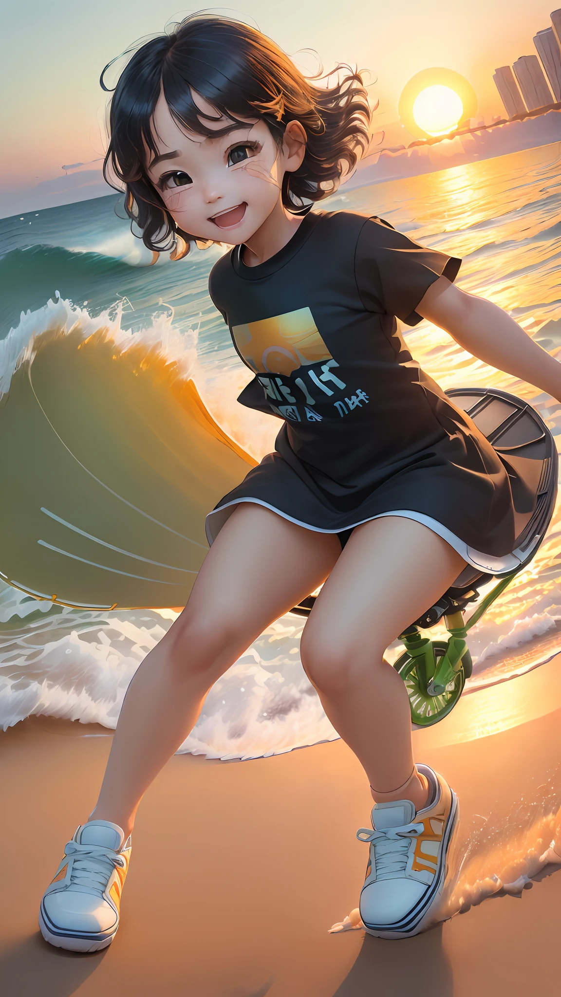 ((3D, Best Quality: 1.3)), Ultra Detailed, SK, ((((Solo))), Full Body, (5-year-old baby close-up ((Korean Futurism)): 1; 15), dressed casually, current fashion, short black T-shirt, ((((white shoes))), (short Kanekalon hair; 1.15), (symmetrical face with clear contours, expression of happy surprise: 1.12), riding a green carbine, (((detailed and clear facial expression)), golden waves, bright orange AOL sunset through the waves, autumn, plants in the wind, warm and soft dark light, blurred movement, magnificent blue sky,