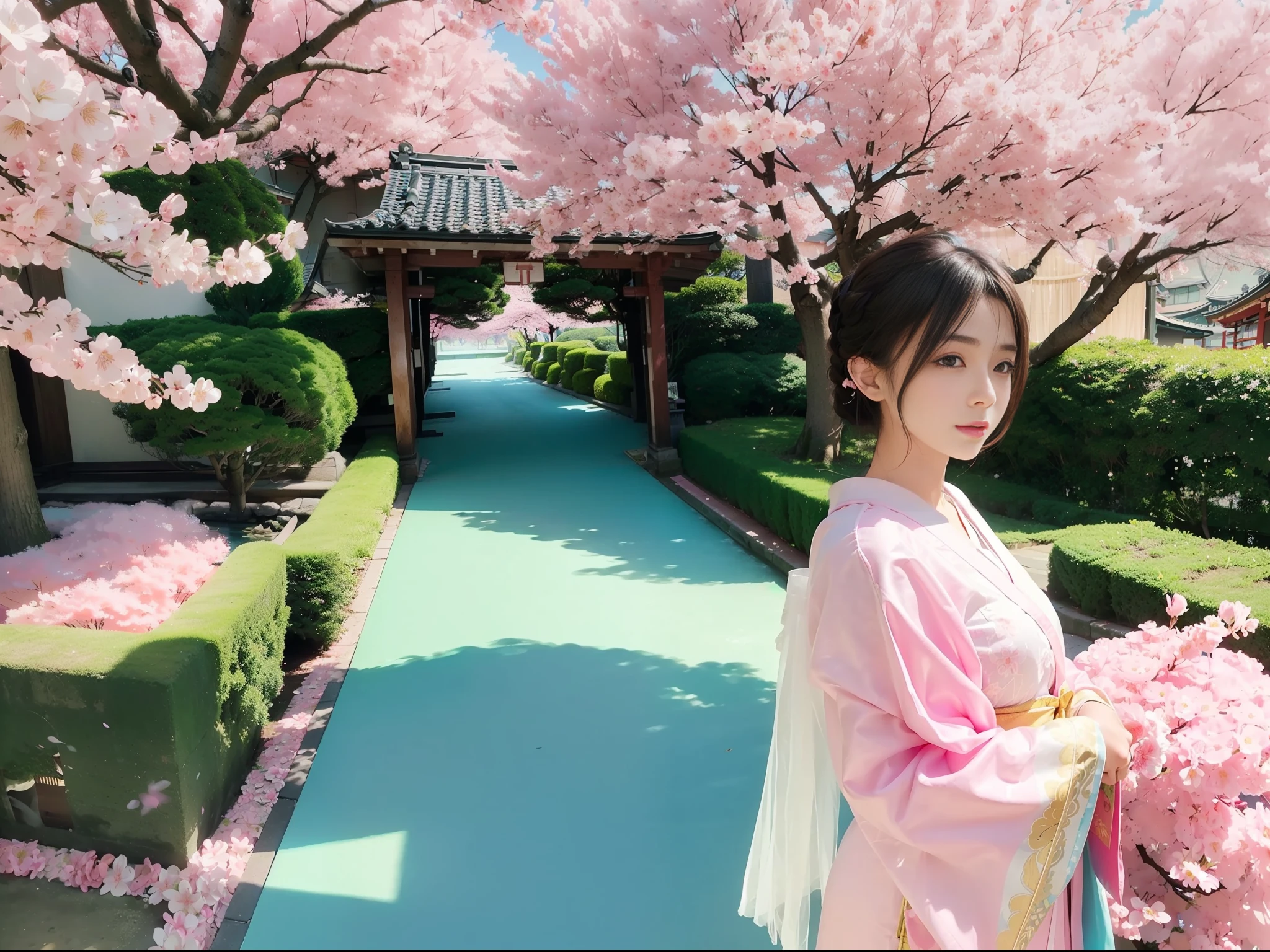 (Fluorescent color: 1.4), (Translucent: 1.4), (Vintage filter: 1.4), (Fantasy: 1.4), Japanese paradise, cherry blossoms, ethereal soft fluffy soft shadow, pastel pink sky green blue shining, Japanese style Japanese background, street background, super realistic super quality movie lighting huge details Full HD painting full of light,