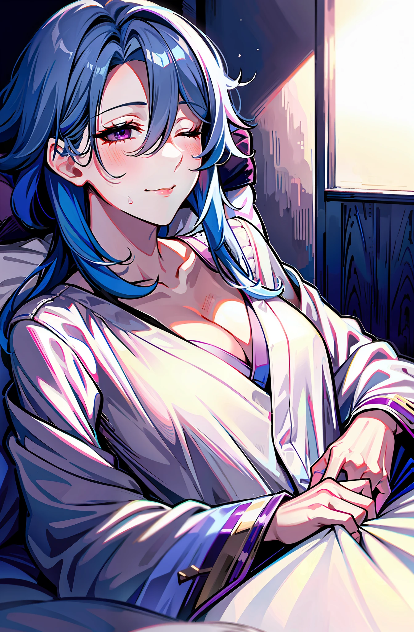(well detailed background) (best quality), (high quality), (masterpiece), 1girl, solo , ayato \(genshin impact\), blue hair, midium hair, (loose hair on one side over shoulder) , mature, eyes squeezed closed,pained expression, panting, breathing heavily, sweating, flushed, ill,feverish (a sick woman lying on a futon bed laying on pillows fully covered with white sheets and blankets) , sleeping, eyes closed, wearing simple nightwear, nightgown robe, nightwear, indoor, japanese bedroom, rope around the waist, compress, in pain, not smiling (compress on her forehead), no armor, no accessories, fully clothed , no bare skin