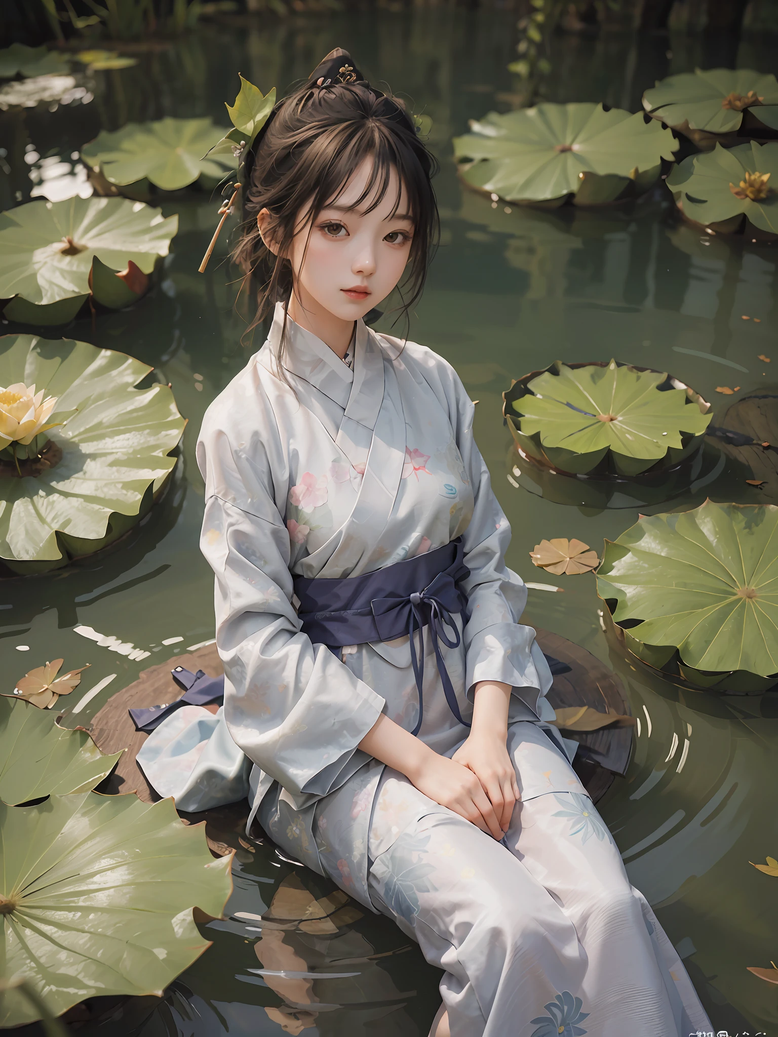 absurdres, highres, ultra detailed, (1girl:1.3), hand drawn, simple line, a 18yo girl in colorful Hanfu, beautiful girl, at the lotus pond, cover her head with lotus leave, masterpiece, sitting at the huge leave, floating clothes
