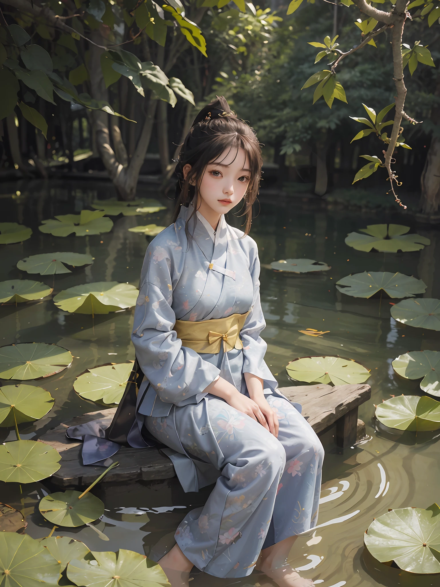 absurdres, highres, ultra detailed, (1girl:1.3), hand drawn, simple line, a 18yo girl in colorful Hanfu, beautiful girl, at the lotus pond, cover her head with lotus leave, masterpiece, sitting at the huge leave, floating clothes
