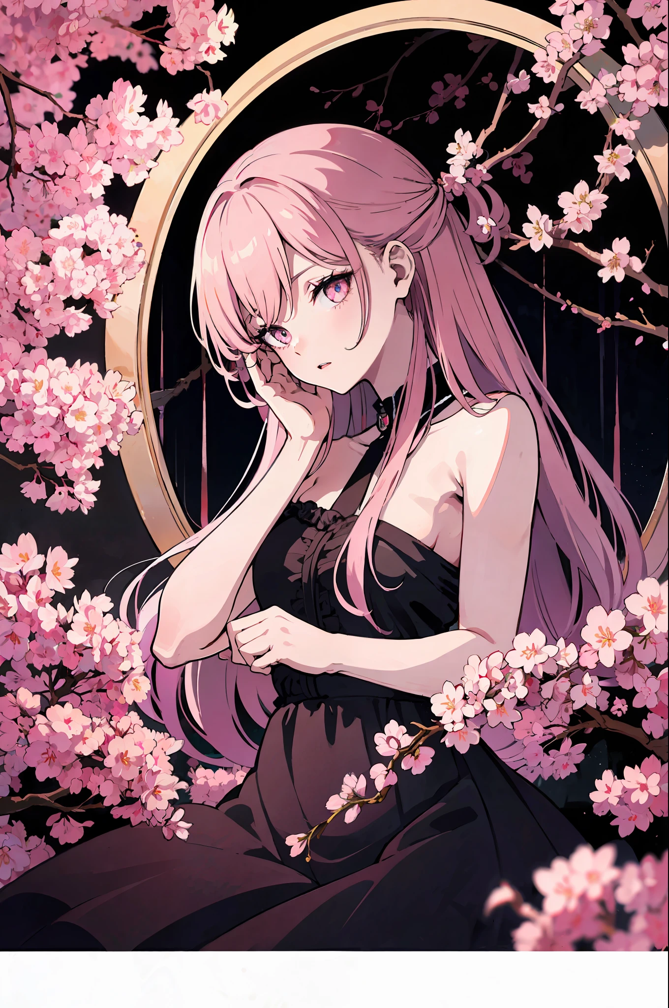 Intricate detail, anime poster, ((masterpiece, best quality)), ((movie lights)), mirror demon, scary, horror anime\(style\), cherry blossom tree, gloomy atmosphere, detailed background, beautiful delicate eyes,