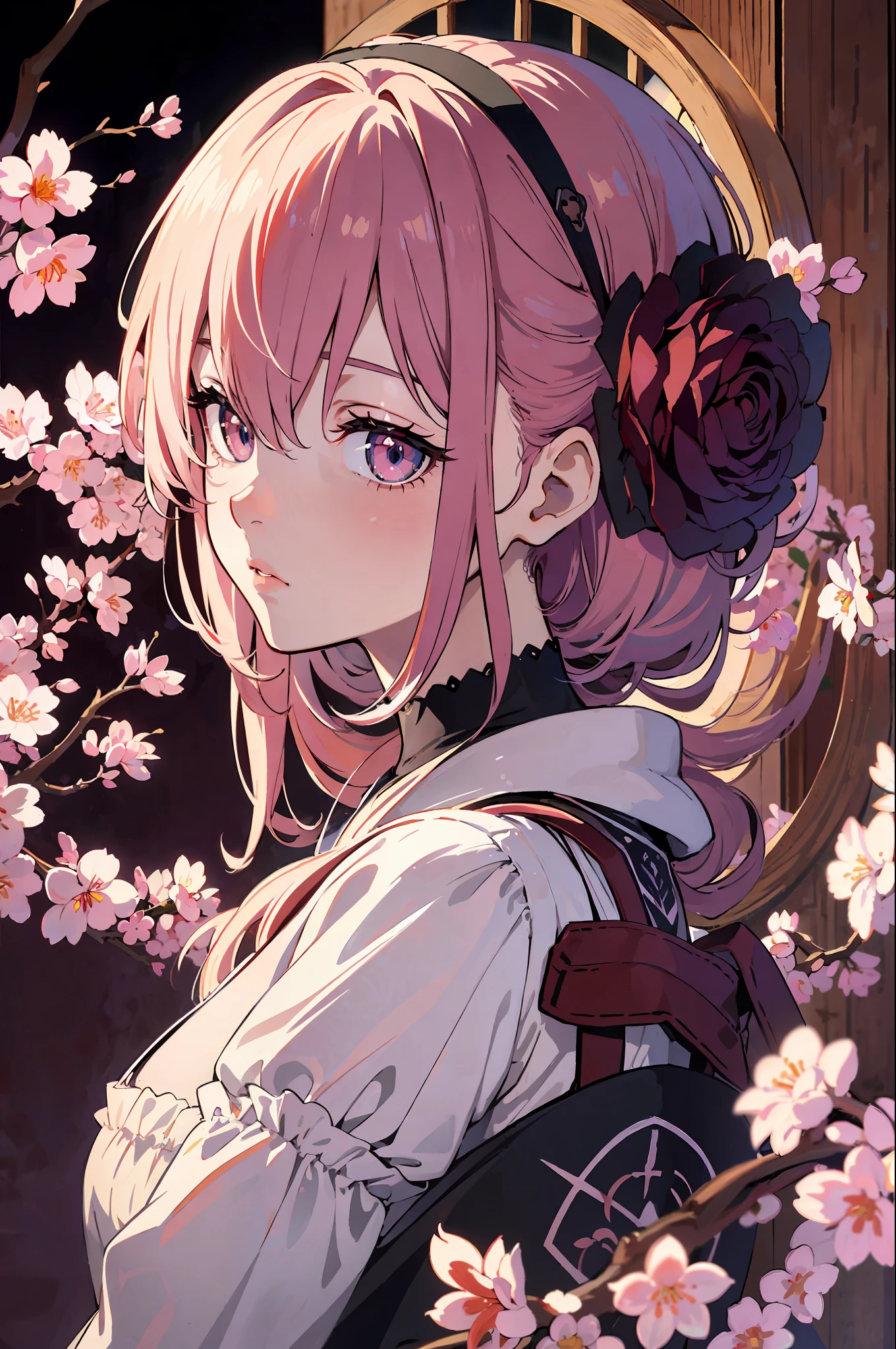 Intricate detail, anime poster, ((masterpiece, best quality)), ((movie lights)), mirror demon, scary, horror anime\(style\), cherry blossom tree, gloomy atmosphere, detailed background, beautiful delicate eyes,