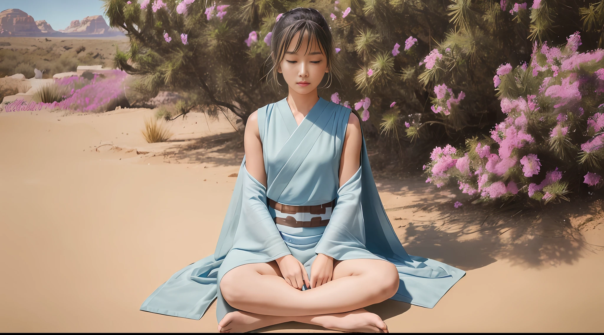 (Jedi meditation:1.3), serene photo,1girl, Jedi master in deep meditation, in jedioutfit, sitting cross-legged, (desert oasis:1.1), surrounded by blooming desert flowers, harmonizing with the Force, spiritual retreat, transcendent tranquility, desert enlightenment, Absurdres, hdr, ultra detailed illustration, extremely detailed face, RAW photo, film grain, skin pores, trending on deviantart