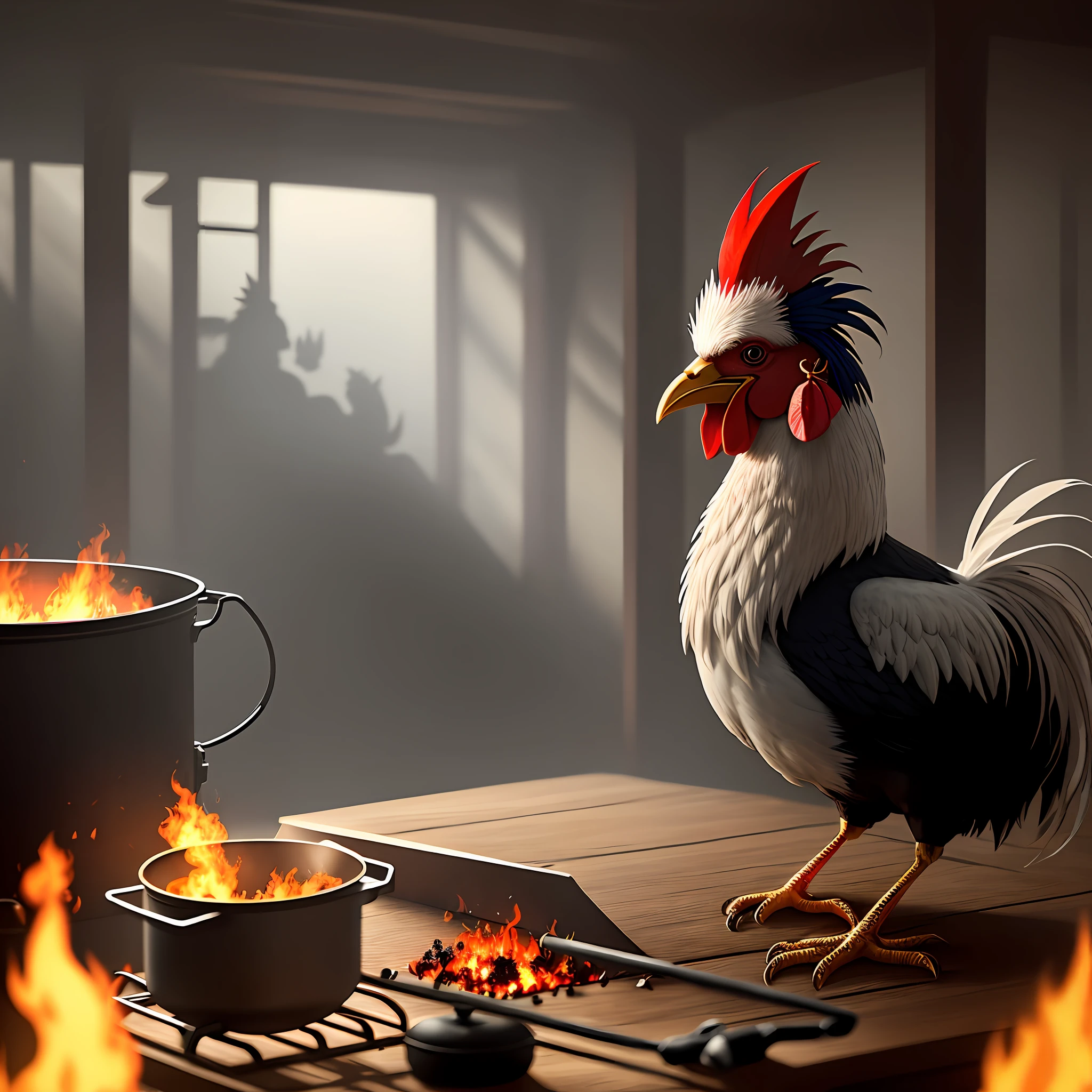 Rooster singing, inside the pot on the fire, with microphone, people with a knife to kill the rooster (color), 8k, vertical lighting, high contrast