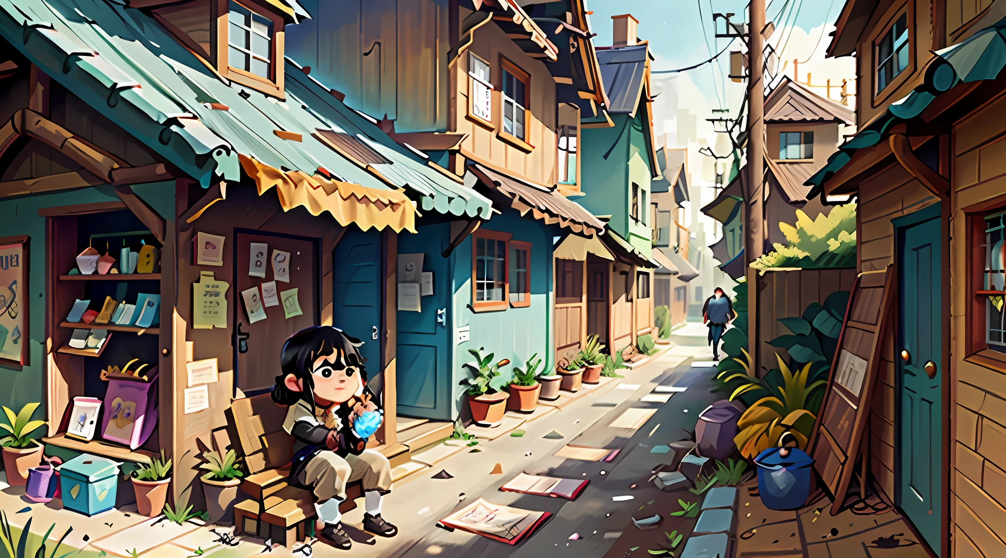 There is a man with her little daughter, all black haired, all wearing short sleeves, sitting outside a very poor little house next to a little white cat, Han Yonghao's storybook illustration, pixiv, concept art, children's art in artstation, Guvez style art, cute digital painting, beautiful art illustration, Guweiz in ArtStation Pixiv, Guweiz in PixivArtStation, Lovely detailed digital art