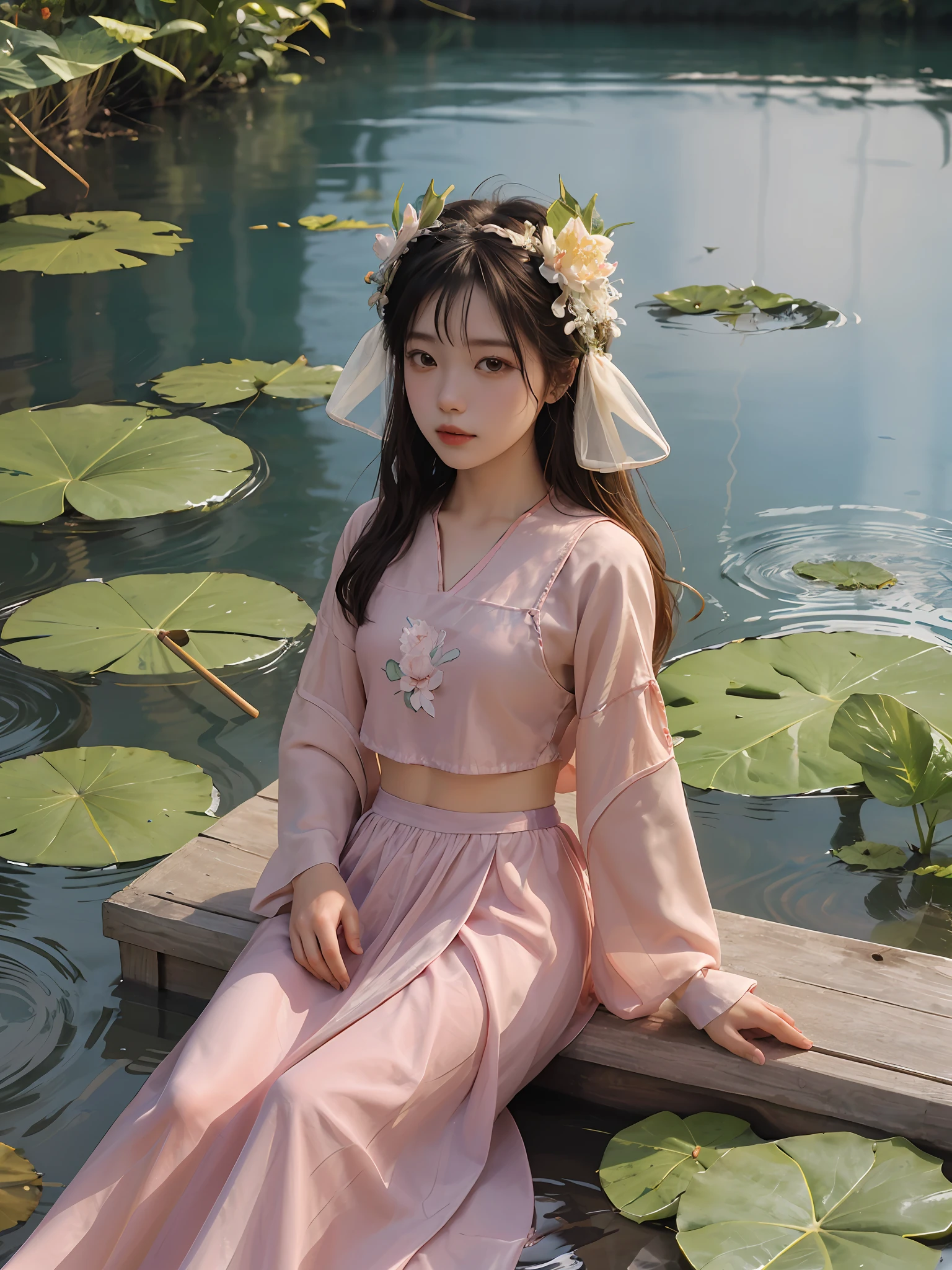 absurdres, highres, ultra detailed, (1girl:1.3), hand drawn, simple line, a 18yo girl in colorful Hanfu, beautiful girl, at the lotus pond, cover her head with lotus leave, masterpiece, sitting at the huge leave, floating clothes