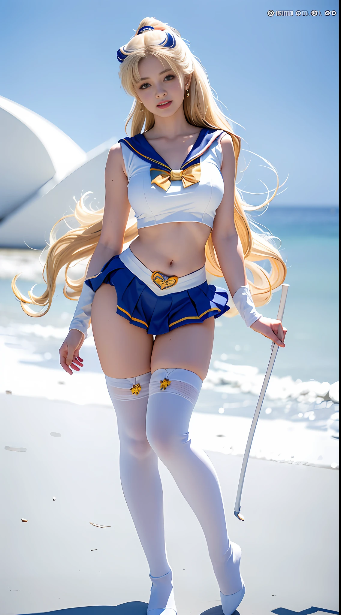 (Best Quality, Ultra High Resolution, Masterpiece, RAW Photo, Realism: 1.6), 16K, ((Sailor Moon Sailor Moon Costume: 3)) from Sailor Moon, (1girl with open belly button), (huge: 2, thick thighs: 3), (blue miniskirt: 2, long white blonde hair: 1.8, white stockings, mature smile), bent over, white background