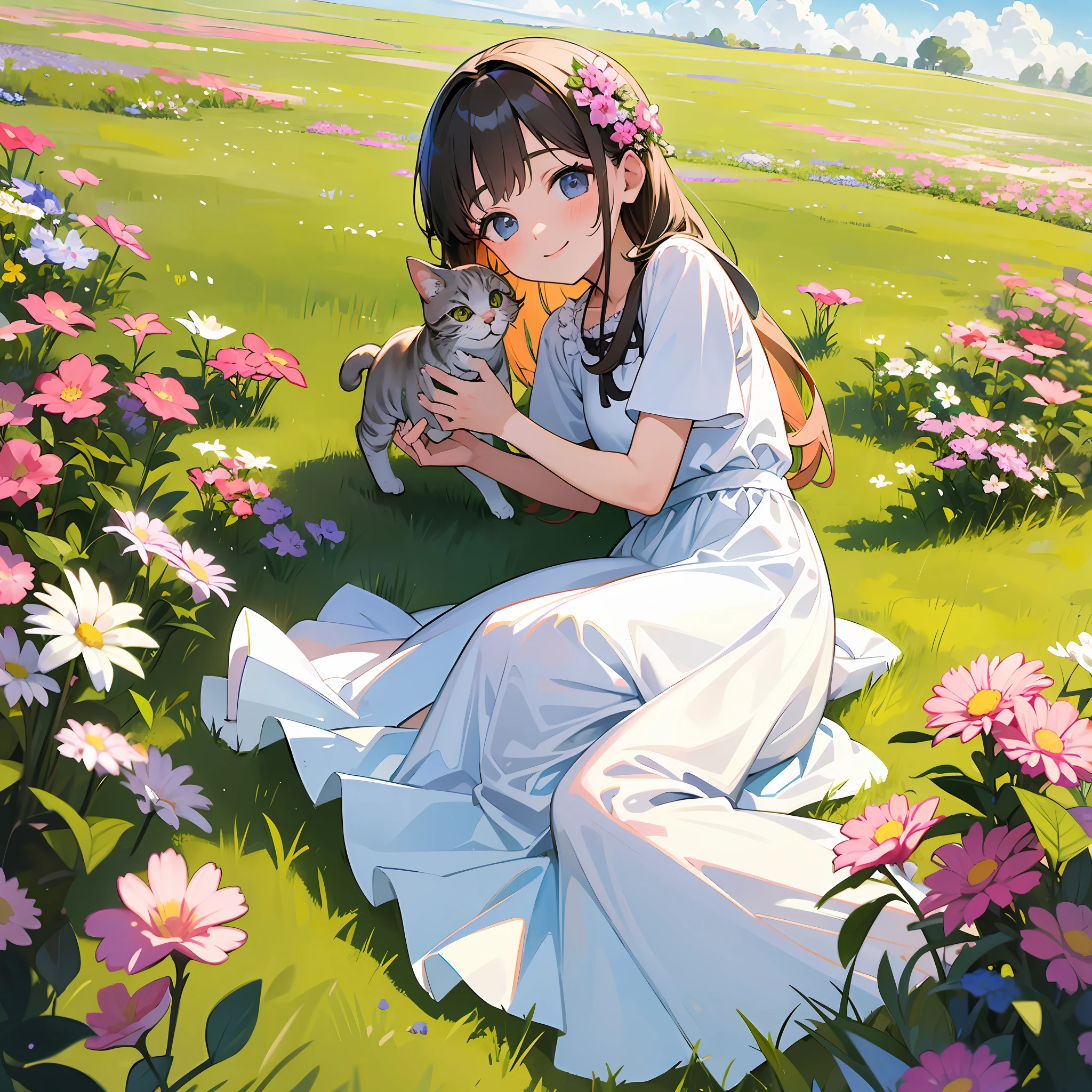 (Best Quality, Masterpiece), Girl and kitten playing on the grass, 1girl, 6 , innocent and cute, warm smile, white long dress, sky, flowers,