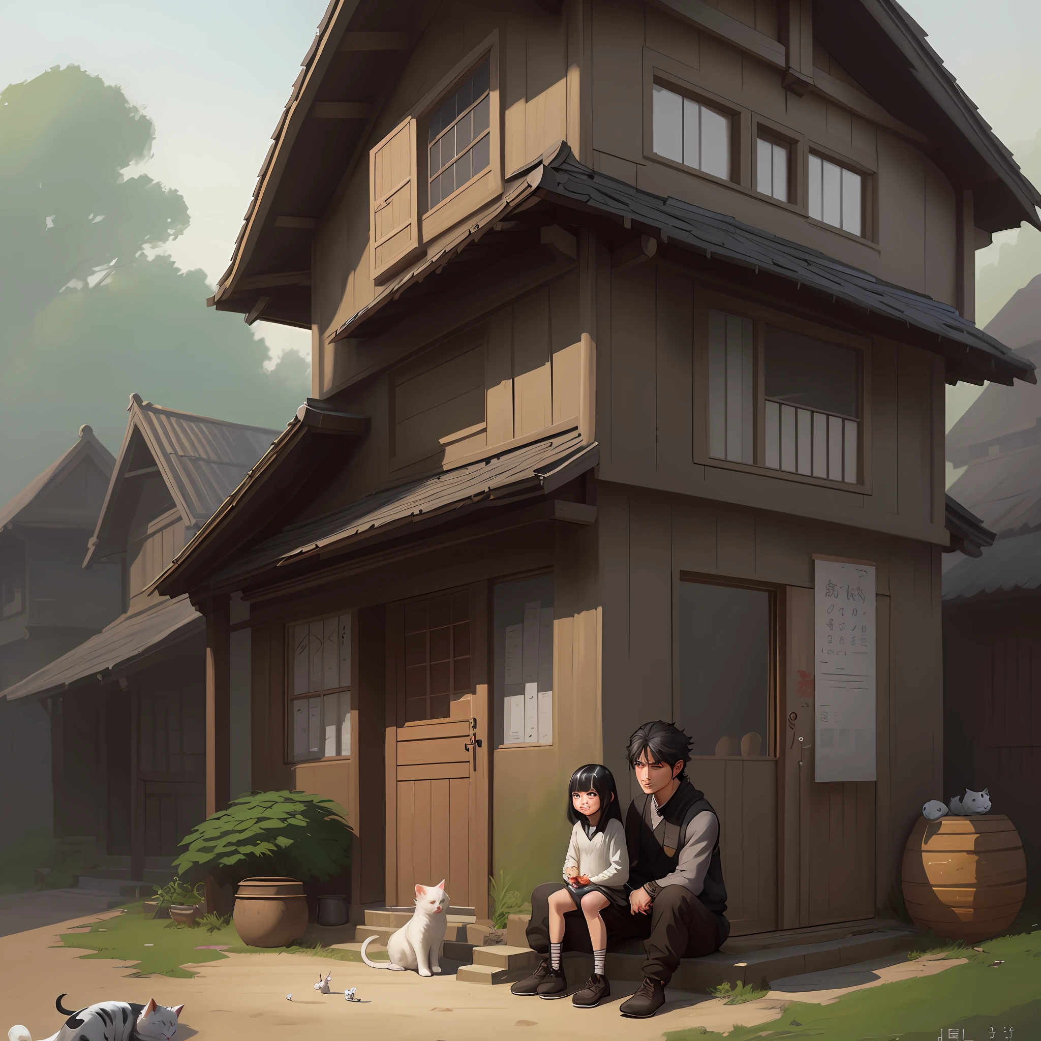 There is a man with her little daughter, all black haired and wearing short sleeves, sitting outside a very poor little house next to a little white cat, Han Yonghao's storybook illustration, pixiv, concept art, children's art in artstation, Guvez style art, cute digital painting, beautiful art illustration, Guweiz in ArtStation Pixiv, Guweiz in PixivArtStation, Lovely detailed digital art