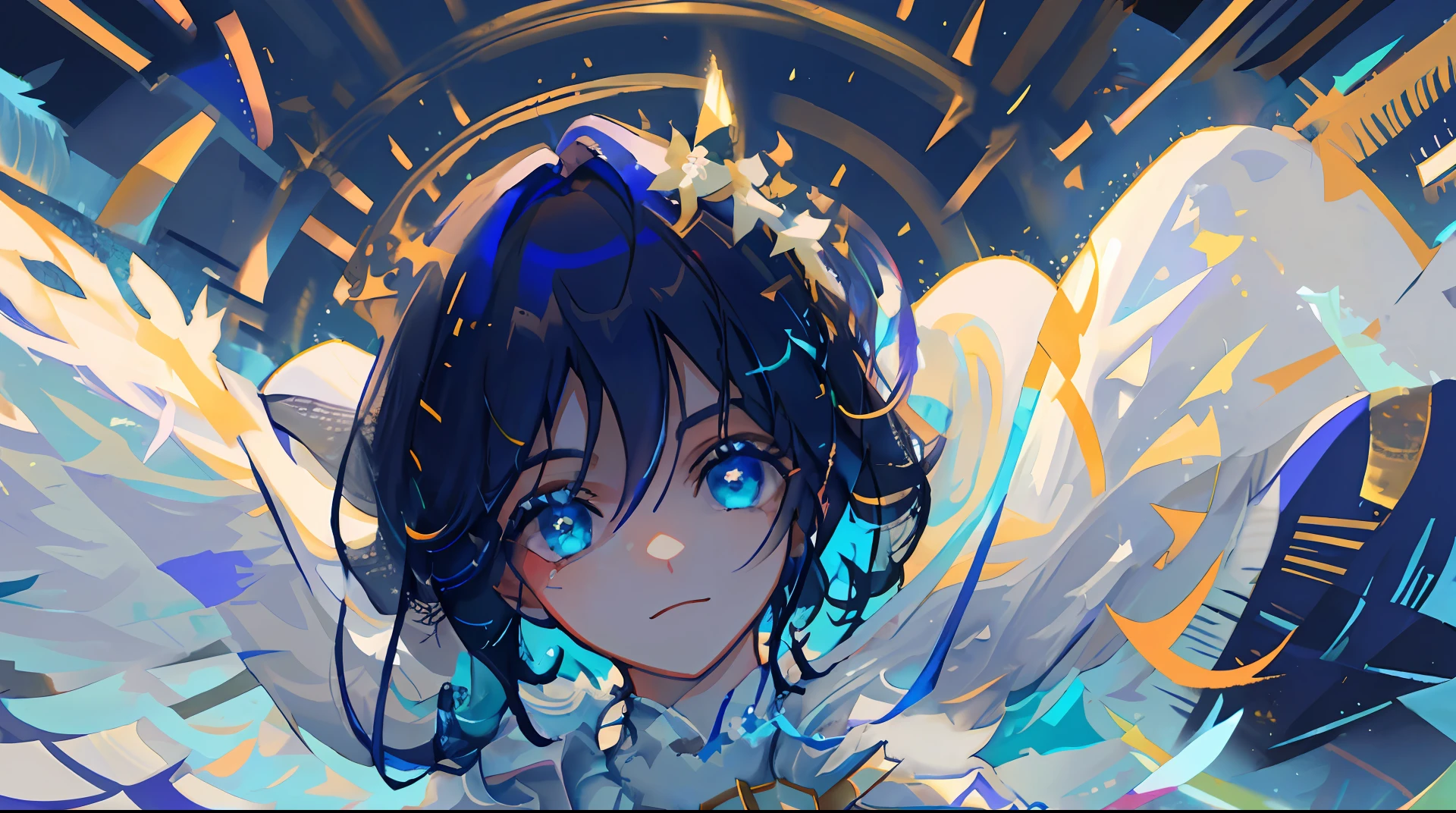 solo, 1girl, masterpiece, best quality, extremely detailed, Cinematic lighting, intricate detail, highres, official art, finely detailed beautiful face and eyes, high resolution illustration, 8k, depth of field, bokeh, dark intense shadows, overexposure,((space)), universe, short blue hair, blue hair, star pupil eyes, beautiful blue eyes, gradient hair, white dress, simple dress, fluttering dress, long sleeves, detailed clouds, gradient sky, blue eyes, purple sky, black sky, stars, ((milky way)), smile, looking at viewer, upper body