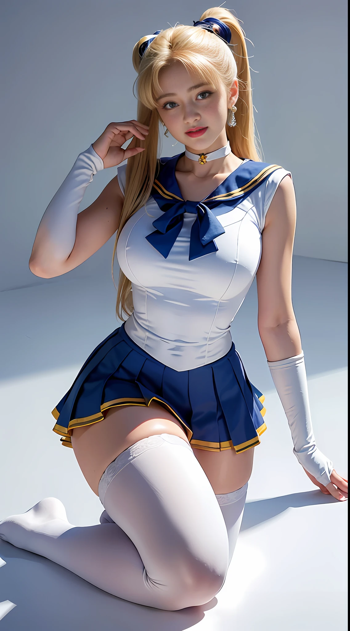 (Best Quality, Ultra High Resolution, Masterpiece, RAW Photo, Realism: 1.6), 16K, ((Sailor Moon Sailor Moon Costume: 3)) from Sailor Moon, (1girl with open navel), (huge: 2, thick thighs: 3), (blue miniskirt: 2, long white-blonde hair: 1.8, white stockings, mature smile), kneeling, white background