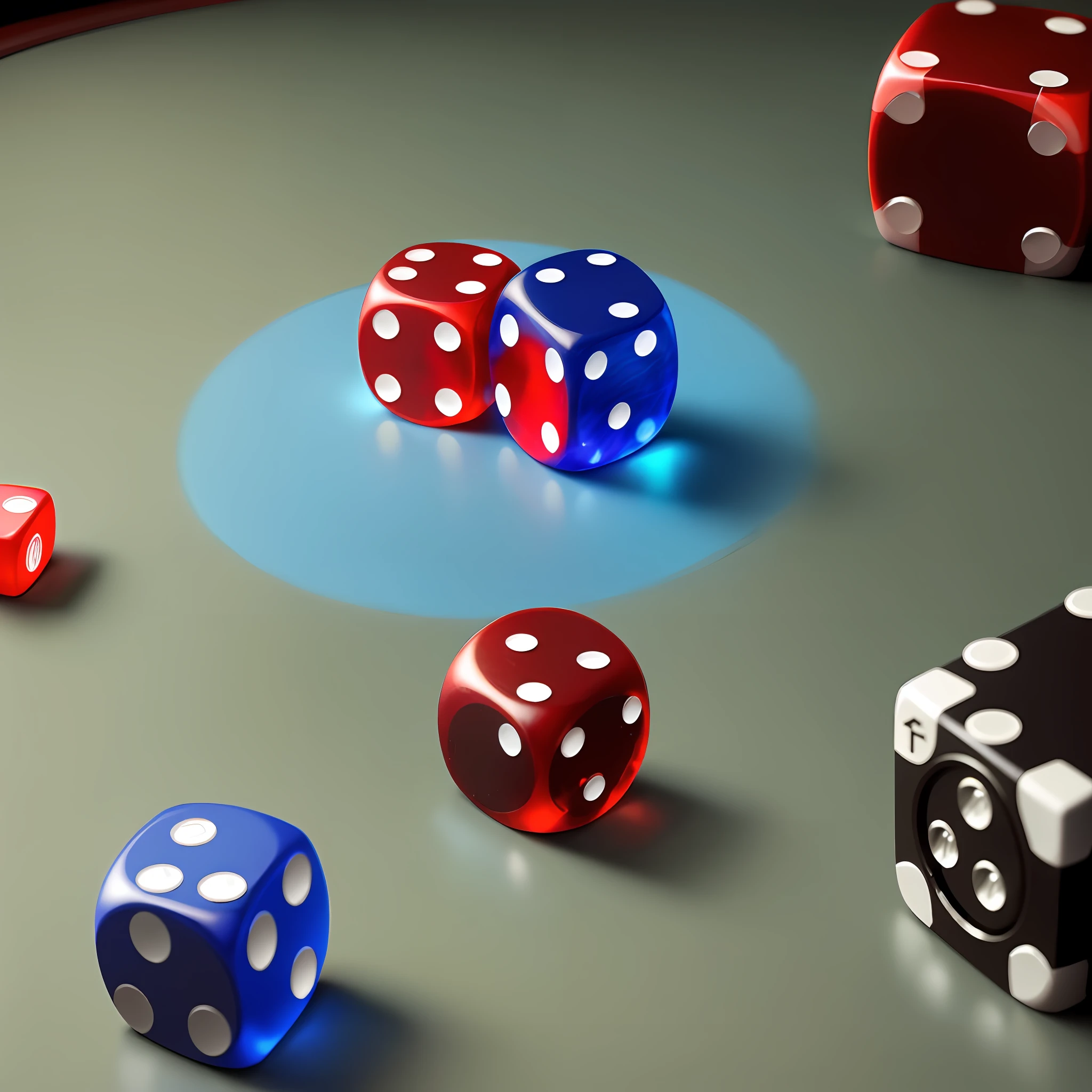 1 red dice, on side 1 blue dice, on top of a casino table, on fire