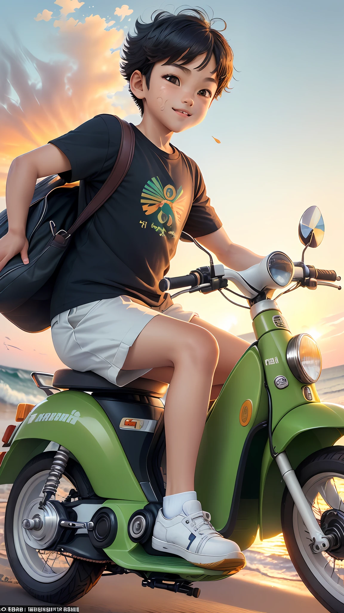 ((3D, best quality: 1.3)), super detailed, SK, (((solo))), full body, (close-up of 8-year-old boy ((Korean futurism)): 1; 15), dressed casually, current fashion, short black T-shirt, ((((white shoes))), (short Kanekalon hair; 1.15), (well-defined symmetrical face, happy and surprised expression: 1.12), riding a green scooter, (((detailed and clear facial expression)), golden waves, bright orange AOL sunset through the waves, autumn, plants in the wind, warm soft dark light, blurred movement, magnificent blue sky,