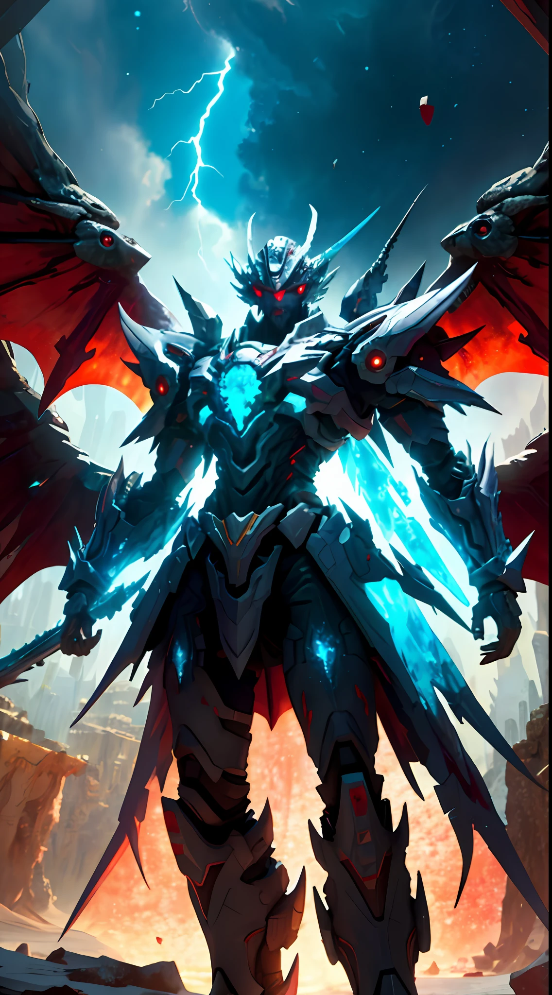 ((Masterpiece)), (Best Quality)), 8k, High Detail, Ultra Detailed, Extremely Detailed CG Unity 8k wallpaper, 1 mecha boy,(solo:1.2), {white bone|rainbow|ice crystal|blood demon|phantom dragon|thunder} armor, red eyes, sci-fi, war, conflict, movie grandeur, (weapon:1), fully armed, (floating color {wind|water magic|ink|crystal|fire|ice|flame|lightning|network|rock|sand|particles|spark|blood}:1)
