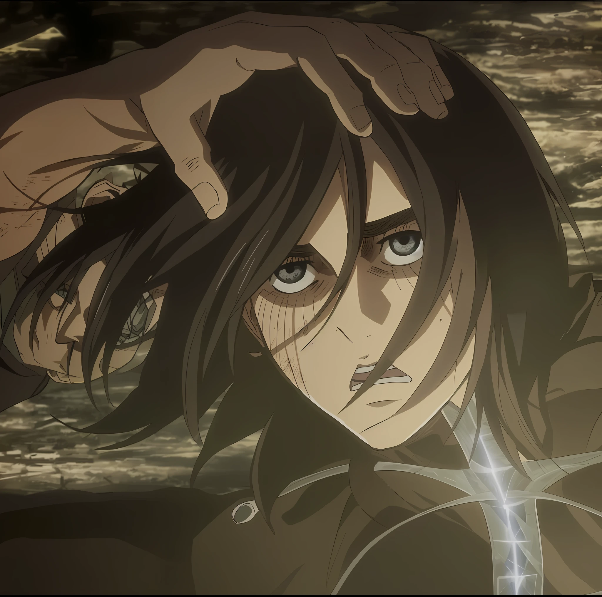 best quality, masterpiece, (realistic: 1.2), 1 man, Eren Jaeger, black jeans, black pants, brown hair, attack on Titan, cold background, black jacket, slim body, high definition, high quality, black clothes