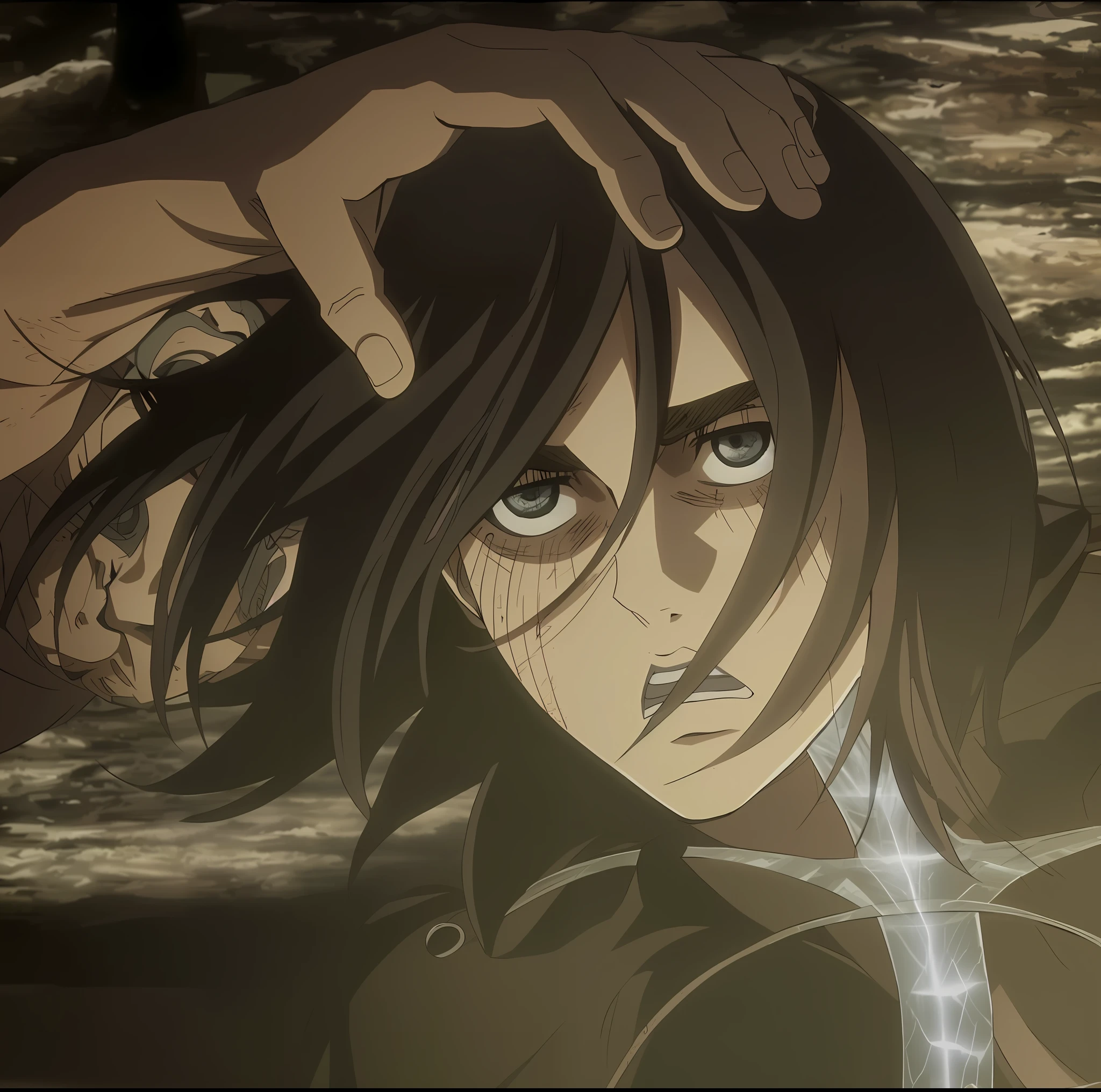 best quality, masterpiece, (realistic: 1.2), 1 man, Eren Jaeger, black jeans, black pants, brown hair, attack on Titan, cold background, black jacket, slim body, high definition, high quality, black clothes