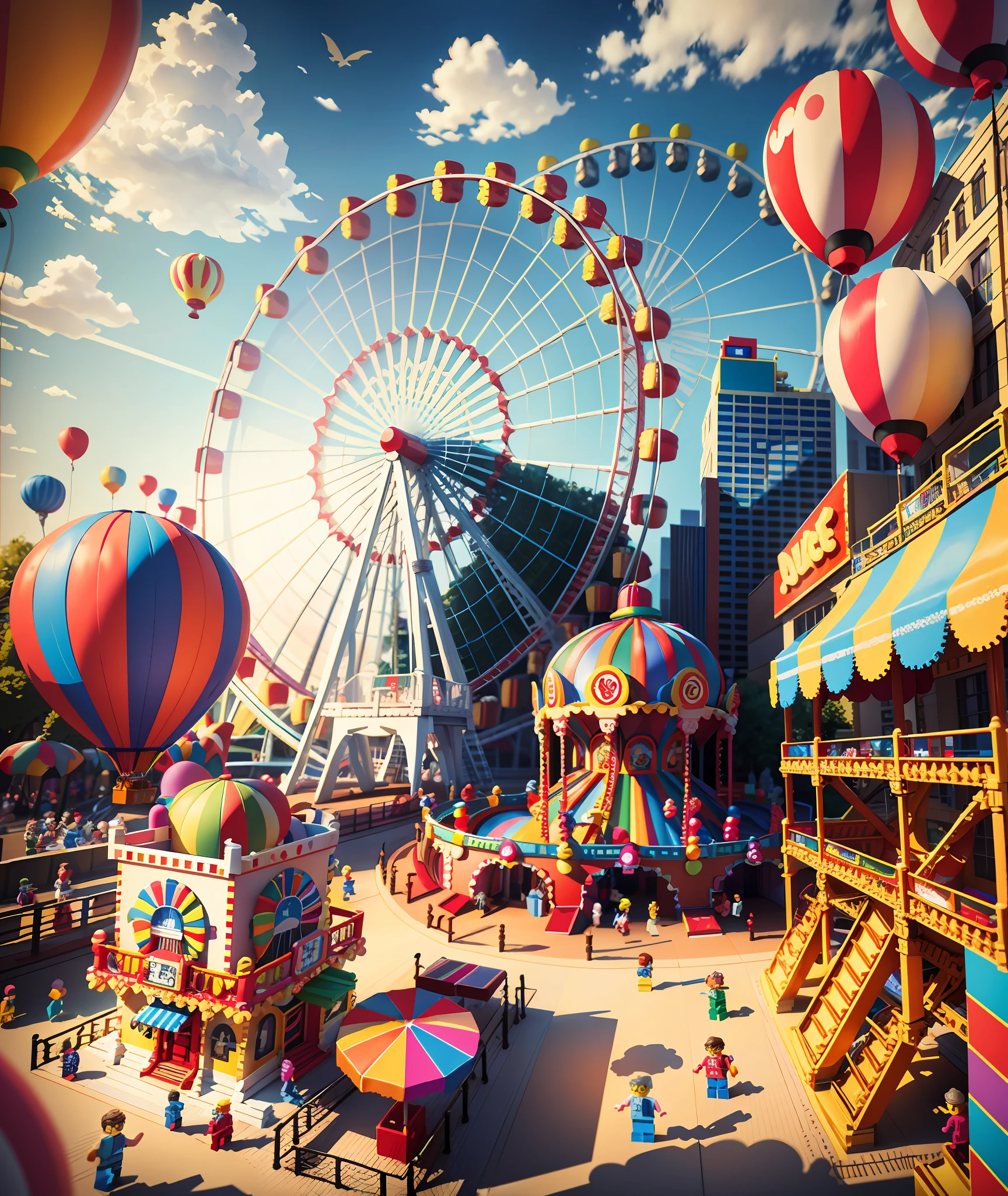 Lego style, amusement park scene, rich color matching,, toy model,voxel,very detailed, super high resolution, 8K UHD, crowd, Ferris wheel, roller coaster, balloon, carousel, clown, rainbow, bright and cute colors, --v 6