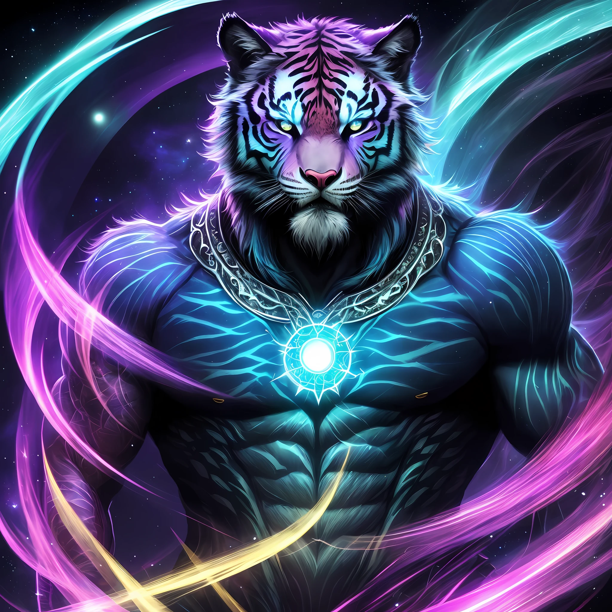 knollingcase, a solo full body were-tiger/man[buff, muscular, (pink and teal striped)], (((vibrant, photo realistic, realistic, dramatic, sharp focus, 8k))). In the vibrant glow of the cosmos, a young furry with an ethereal and devilish demeanor emerges, his features bathed in the lunar glow. His fur, pink and teal striped, reflecting like a mirror, the starlit night. Within his captivating gaze, galaxies swirl, vibrant hues of cosmic dust and celestial wonders painting a mesmerizing tapestry in shades of blue. Adorning his maw, ferociously caging, are a pair of sabertooth fangs, a sharp addition that adds a feral touch to his captivating gaze. His presence evokes a sense of pride, drawing the viewer into a realm where darkness and beauty intertwine. As his presence commands attention, the enigmatic allure of this captivating figure captivates the imagination, inviting contemplation of the hidden depths that lie beneath his captivating gaze.