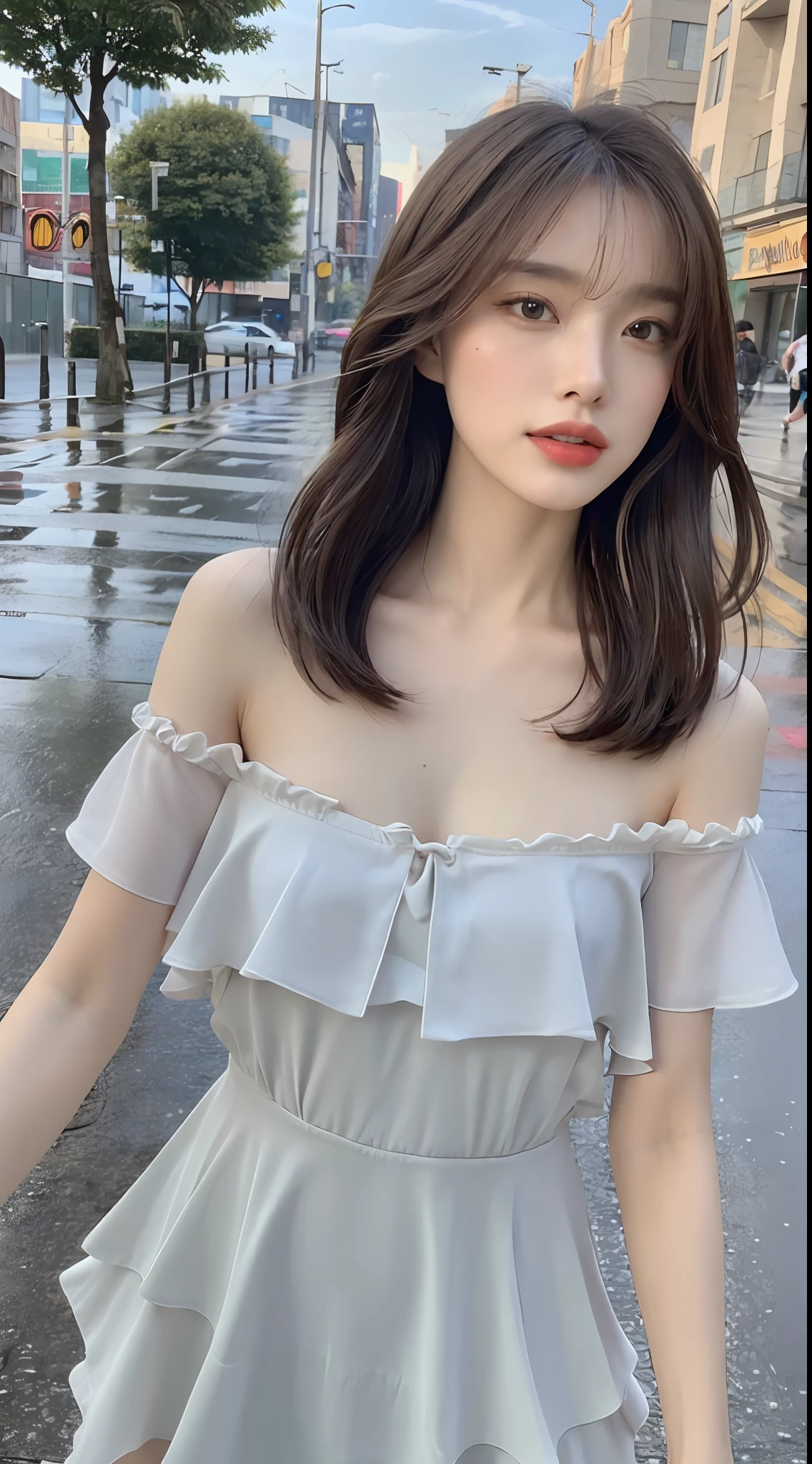 ((Best Quality, 8k, Masterpiece: 1.3)), Focus: 1.2, Perfect Body Beauty: 1.4, Buttocks: 1.2, ((Layered Haircut, Flat Chest: 1.2)), (Rain, Street:1.3), Bandeau Dress: 1.1, Highly Detailed Face and Skin Texture, Fine Eyes, Double Eyelids, Whitened Skin, Long Hair, (Shut Up: 1.3), Full Body