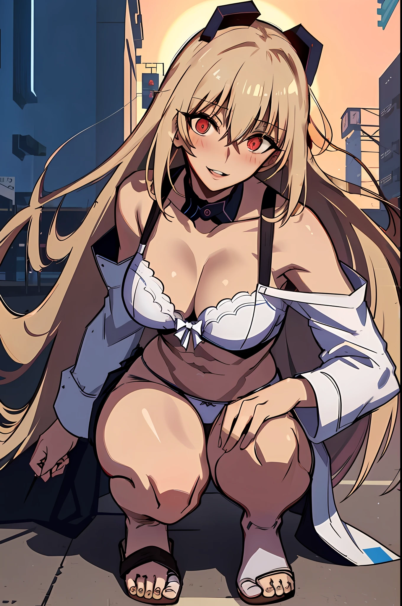 In crowds, urban streets, blue sky, cyberpunk city background, daytime, Shibuya intersection, squatting, very long hair, golden hair, red_eyes, bangs, straight hair, looking down at the viewer, big full body, crazy eyes, insane, wide open eyes, glowing eyes, shiny lips, blush, satisfying expression, sexually aroused, obsessive expression, crazy look, adult, blonde , girls in underwear, single girls, solo, sensational face, sloppy look, evil smile, crazy smile, bewitching face, blush, white bra, white panties, estrus, greedy look, open legs, yandere face, ahe face, mouth open, naughty look, woman wearing only underwear, crazy smile, blushing face, blushing cheeks, delicate contour line illustration, fine line illustration, lace underwear, radical underwear, sheer underwear, brown skin, brown skin, exciting pose, dark skin, open legs, dark skin