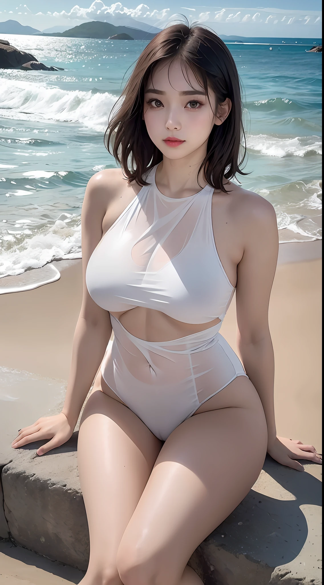 a 20 y.o girl in a wet see-through swimsuit, ((kpop idol)), (aegyo sal:1), large breasts, perfect breasts shape, ((cameltoe)), bare butts, black short hair, pale skin, ((puffy eyes)), kneeling&setting on floot, heterochromia eye, tulle shawl, mole below eye, thick eyebrows, freckles, small waist, wide thighs, thigh gap, beach, coastline, wind, waves, light makeup, 8k uhd, dslr, soft lighting, high quality, best quality, ultra high res, (photorealistic:1.4), film grain,