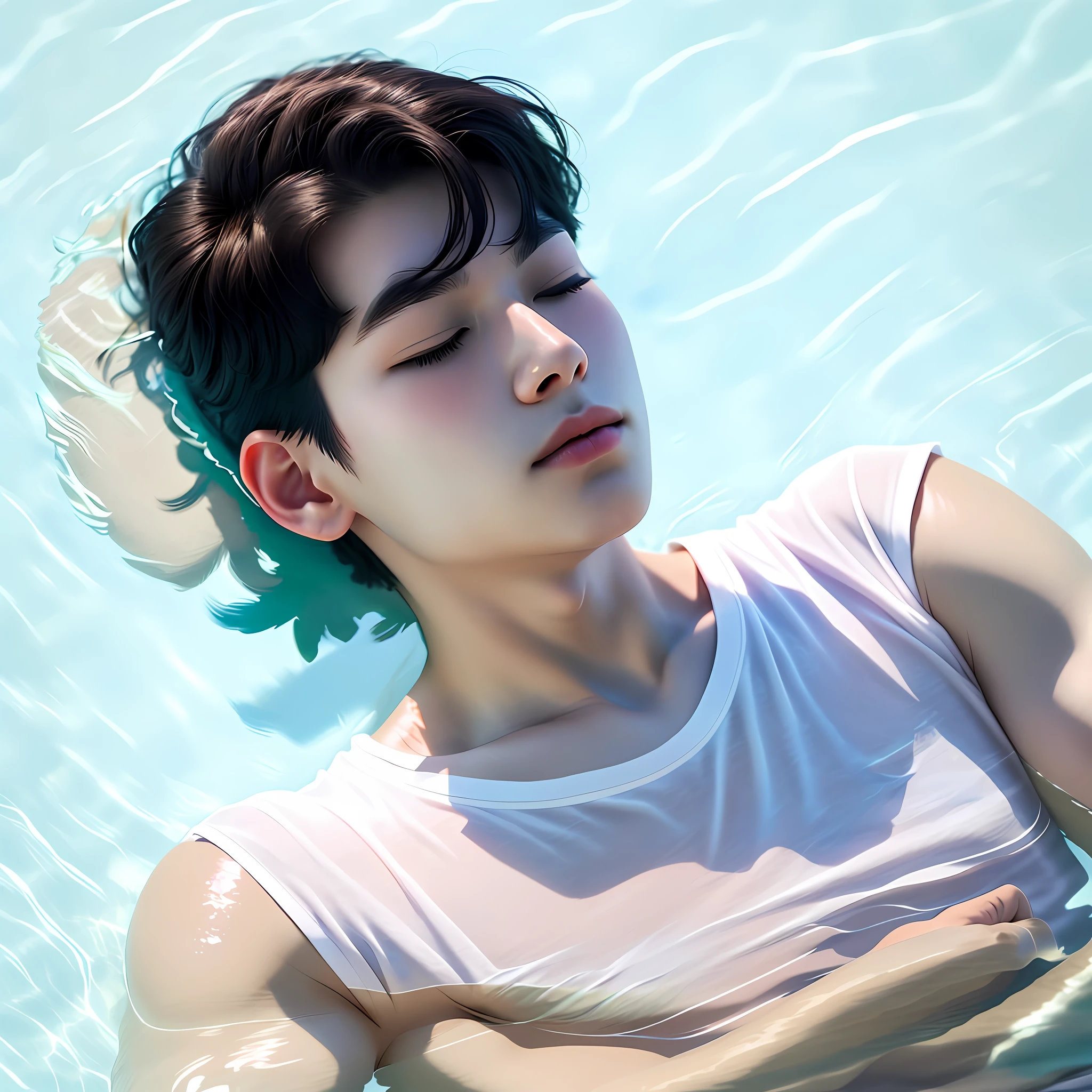 Ethereal, 4K, photo taken from a high angle, close-up portrait, highly detailed, boy floating in a shallow pool of water, wearing a transparent white T-shirt, eyes closed, black hair, [Kim Taehyung]