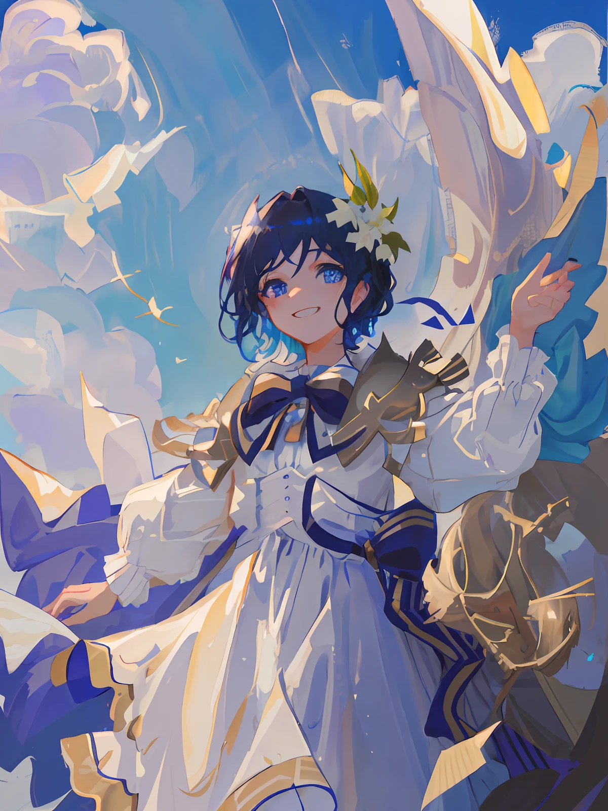 solo, 1girl, masterpiece, best quality, extremely detailed, Cinematic lighting, intricate detail, highres, official art, finely detailed beautiful face and eyes, high resolution illustration, 8k, depth of field, bokeh, dark intense shadows, overexposure,((space)), universe, short blue hair, blue hair, star pupil eyes, beautiful blue eyes, gradient hair, white dress, simple dress, fluttering dress, long sleeves, detailed clouds, gradient sky, blue eyes, purple sky, black sky, stars, ((milky way)), smile, looking at viewer, upper body, hands down