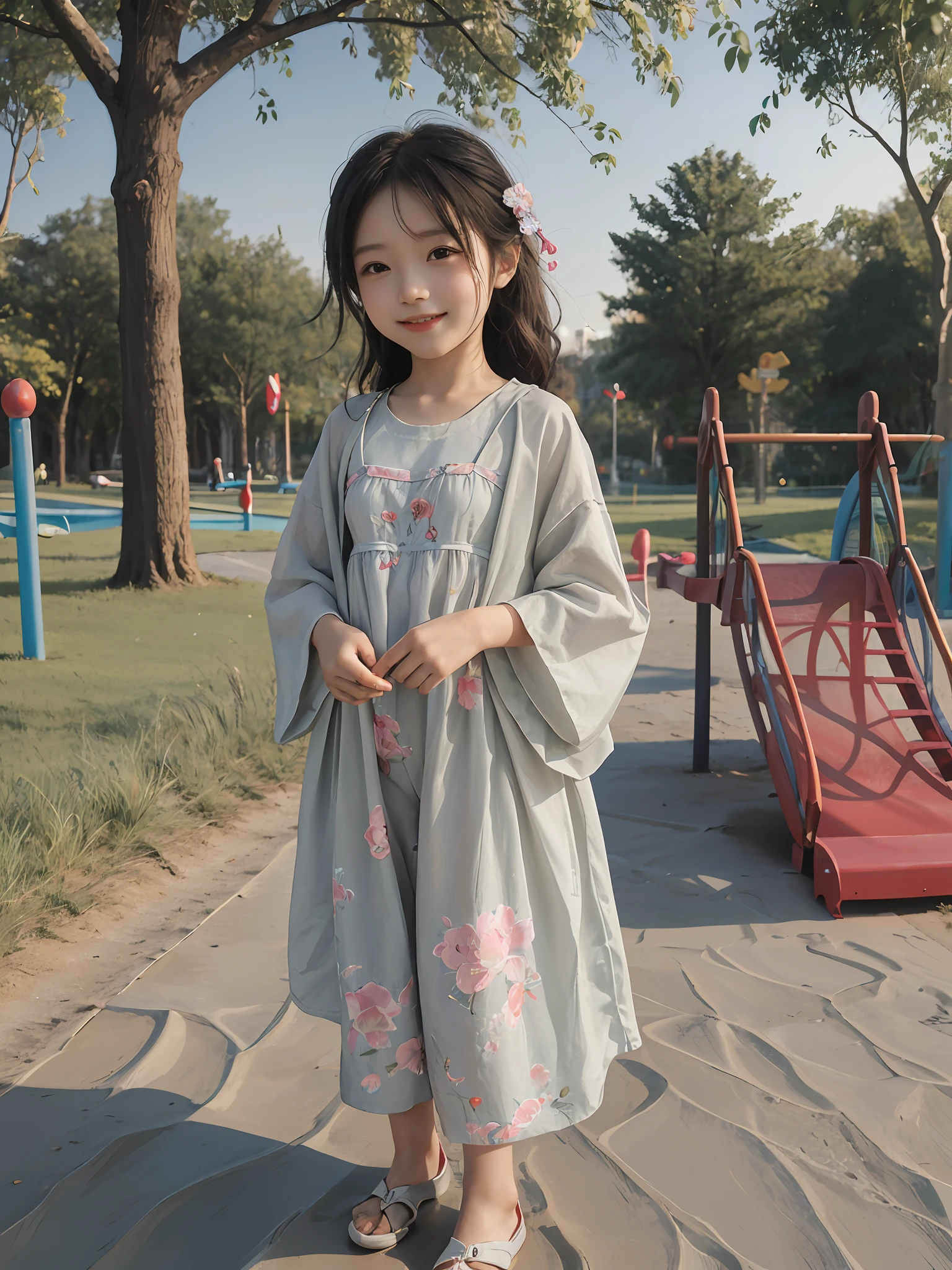 absurdres, highres, ultra detailed, (1girl:1.3), hand drawn, simple line, a 6yo girl in colorful Hanfu, little girl, at the playground, under the tree, masterpiece, playing, happy, smile