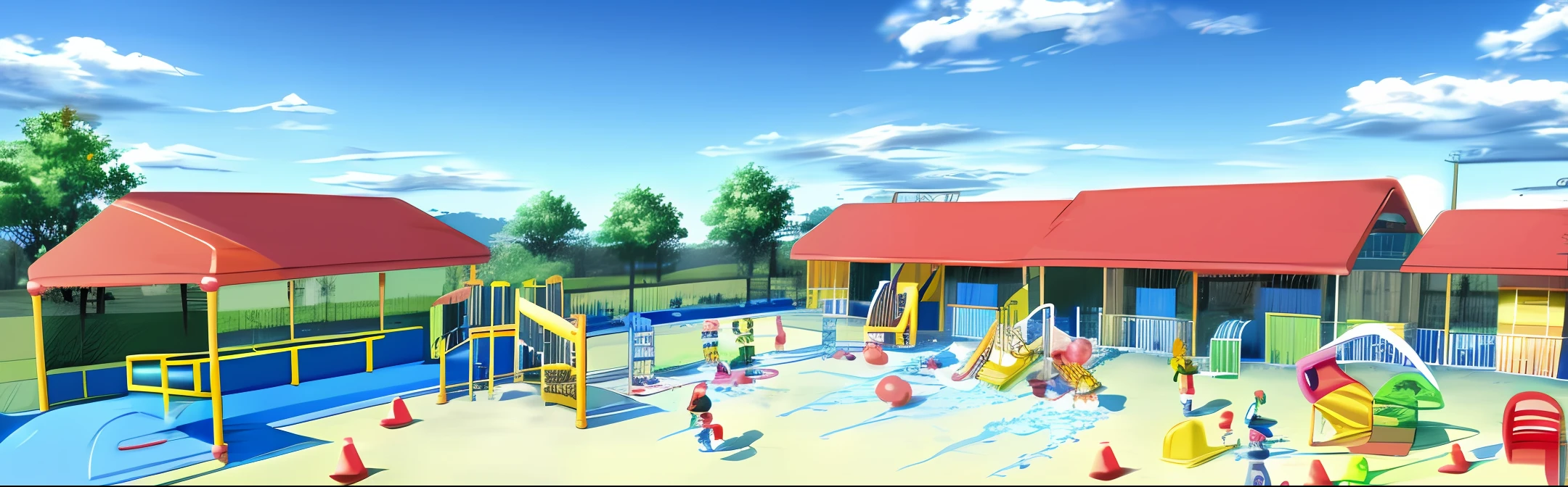 On Children's Day, children play water fights in the kindergarten playground