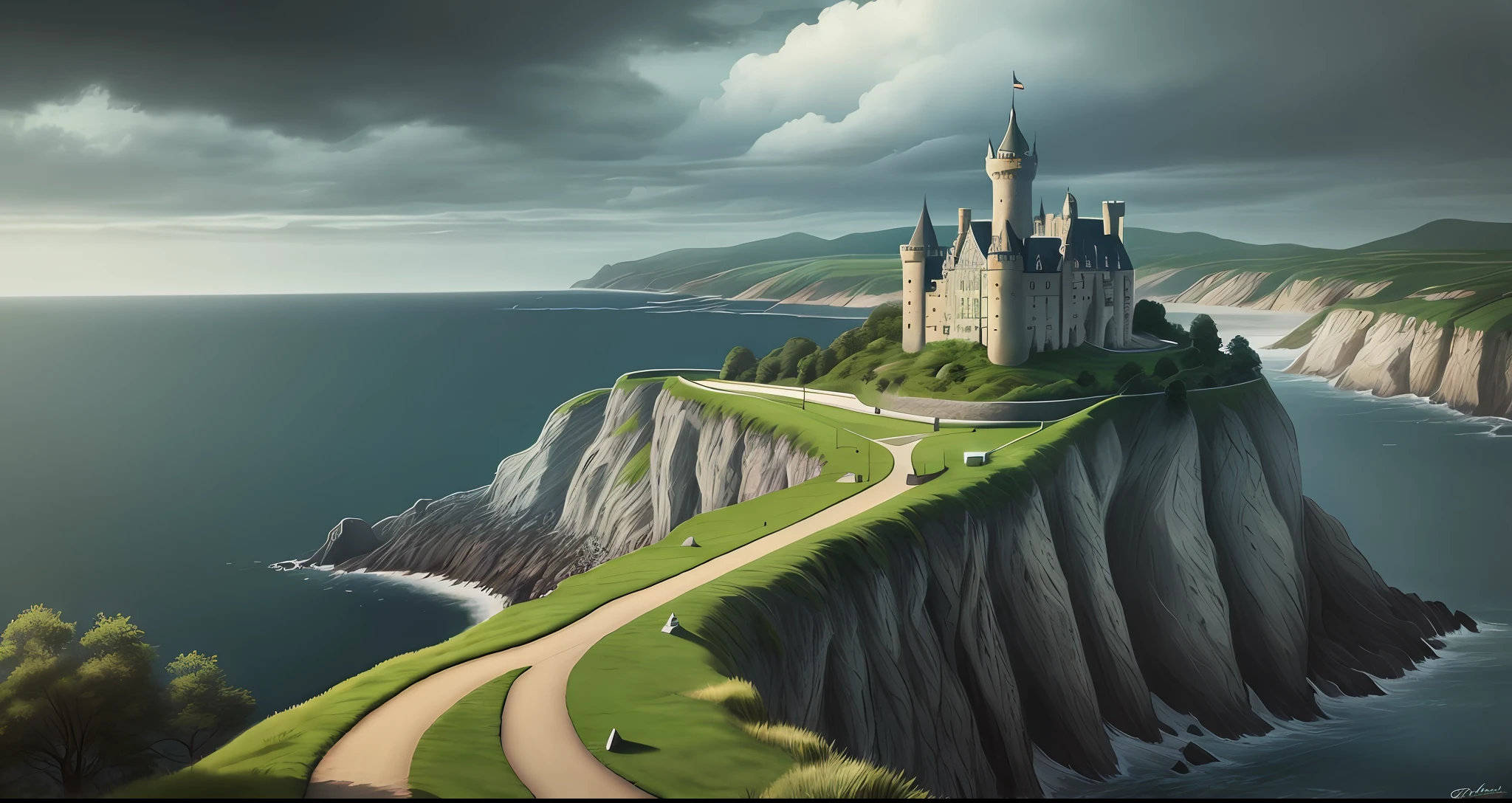 castle by the sea, dark sky, green grass, the road leading to the castle,