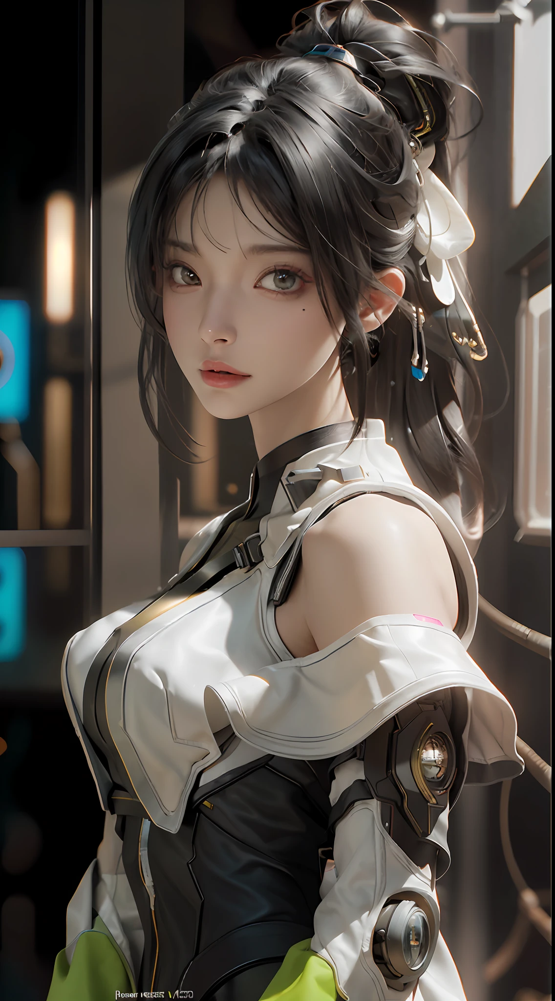 ((Best quality)), ((masterpiece)), (detailed:1.4), 3D, an image of a beautiful cyberpunk female,HDR (High Dynamic Range),Ray Tracing,NVIDIA RTX,Super-Resolution,Unreal 5,Subsurface scattering,PBR Texturing,Post-processing,Anisotropic Filtering,Depth-of-field,Maximum clarity and sharpness,Multi-layered textures,Albedo and Specular maps,Surface shading,Accurate simulation of light-material interaction,Perfect proportions,Octane Render,Two-tone lighting,Wide aperture,Low ISO,White balance,Rule of thirds,8K RAW,