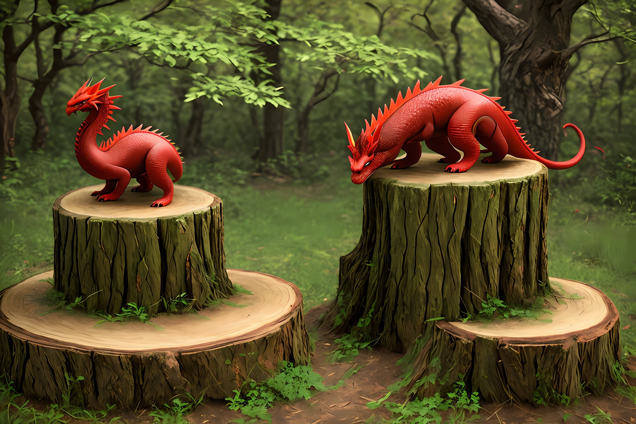 Long Chinese red dragon curled up on top of a tree stump, high resolution, game design, 3D-imagine