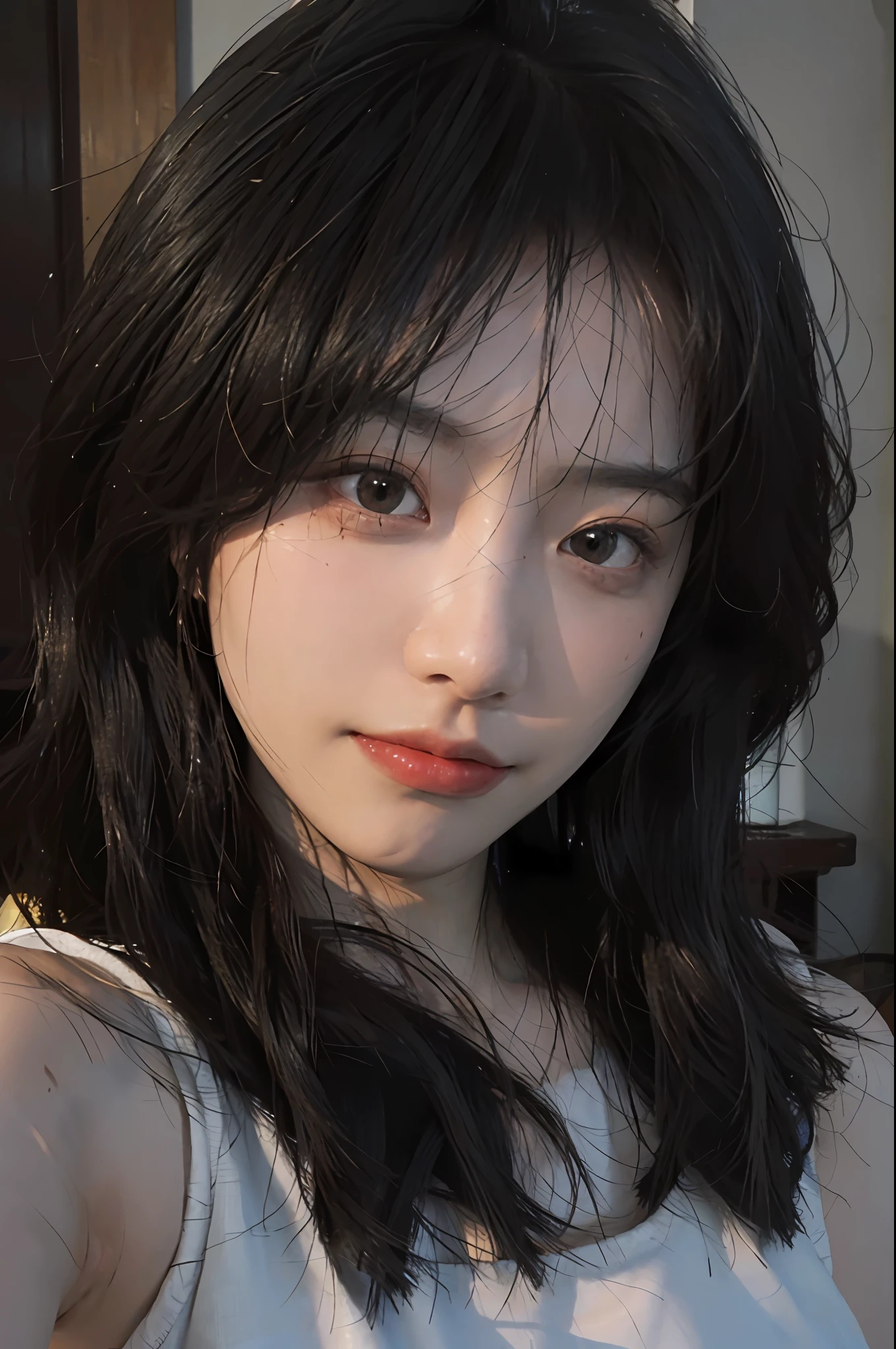 8K, Best Quality, Masterpiece, Ultra High Resolution, (Realism: 1.4), Original Photo, (True Skin Texture: 1.3), (Film Grain: 1.3), (Selfie Angle), 1 Girl, Beautiful Eyes and Face Details, Masterpiece, Best Quality, Close-up, Upper Body