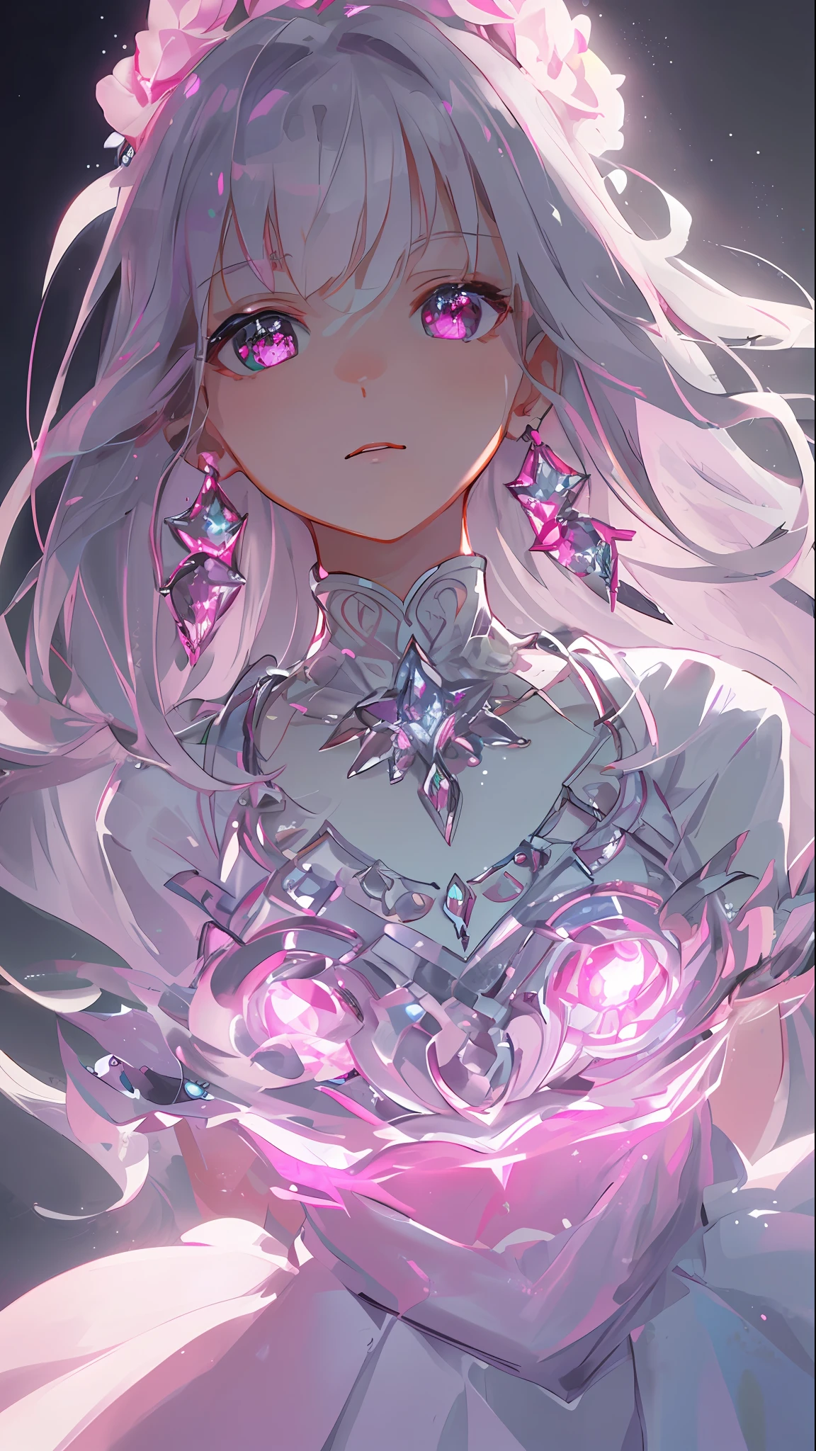 masterpiece, best quality, illustration, flashy pink, platinum earrings, platinum necklace, white dress, 1girl, cute, (dynamic lighting:1.2), cinematic lighting, delicate facial features, detailed eyes, sharp pupils, realistic pupils, depth of field, bokeh, sharp focus, (hyper-detailed, bloom, glow:1.4), many small gems