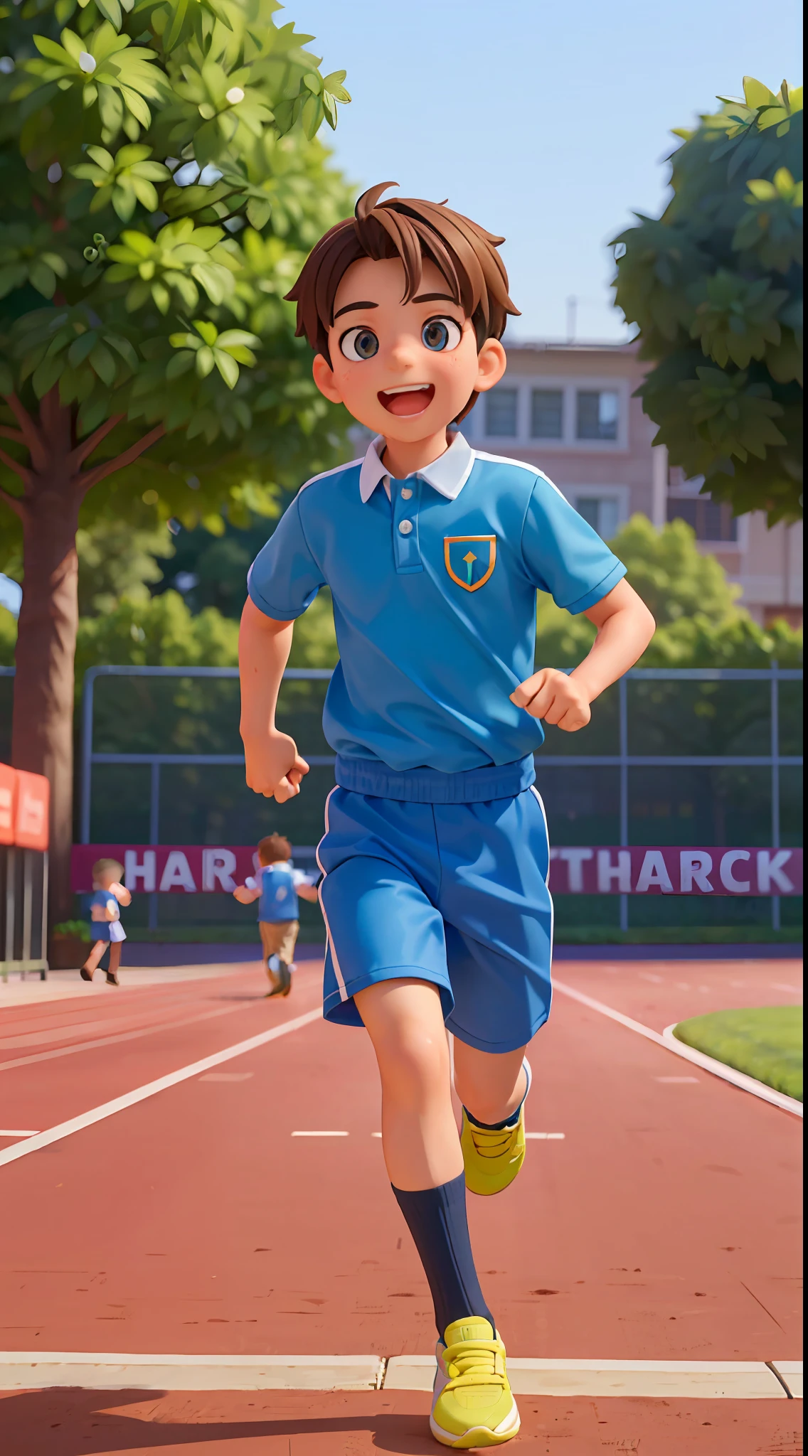 A boy (in the picture ratio 1:2), school uniform, school playground, running track, crossing the finish line, victory, joy, joy, perfect quality, clear focus, (Masterpiece: 1.2) (Realistic: 1.2) (Bokeh) (Best quality) (Detailed skin: 1.3) (Intricate details) (8K) (Detail eyes) (Sharp focus), (Happy)